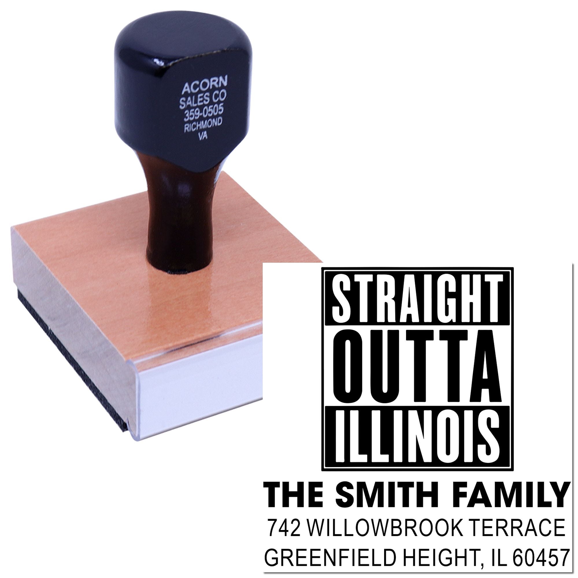 Custom address rubber stamp with Straight Outta Illinois design for the Smith family, Greenfield Heights, IL personalized mailing.