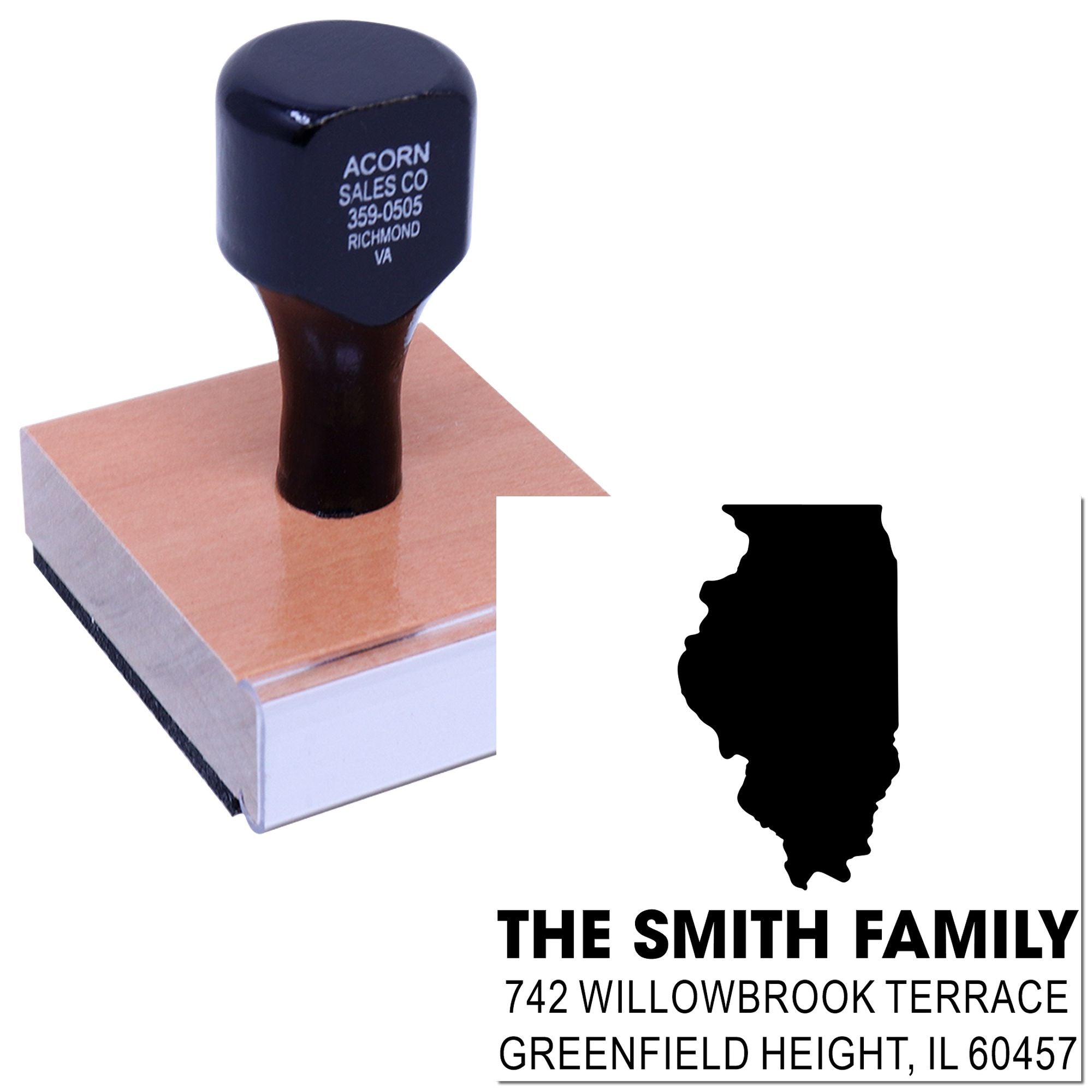 Custom Illinois address rubber stamp with family name, street address, and state silhouette for mailing and home organization