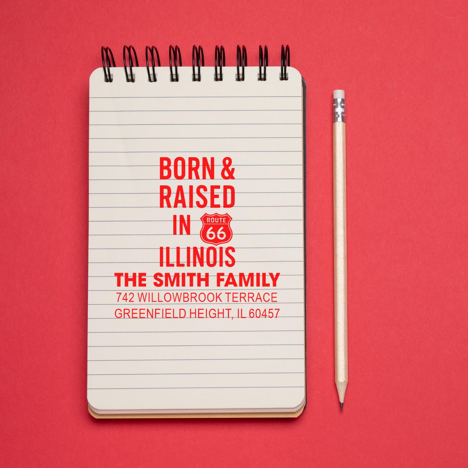 Personalized address rubber stamp for the Smith family, with Born & Raised in Illinois and Route 66 design.