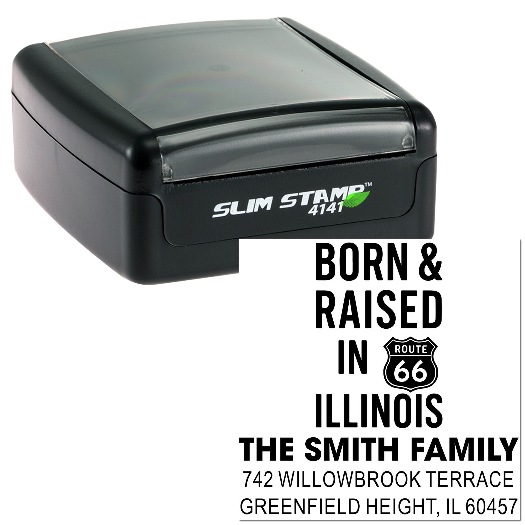 Custom self-inking rubber stamp with Born & Raised in Route 66 Illinois family address design for personalized mailings.