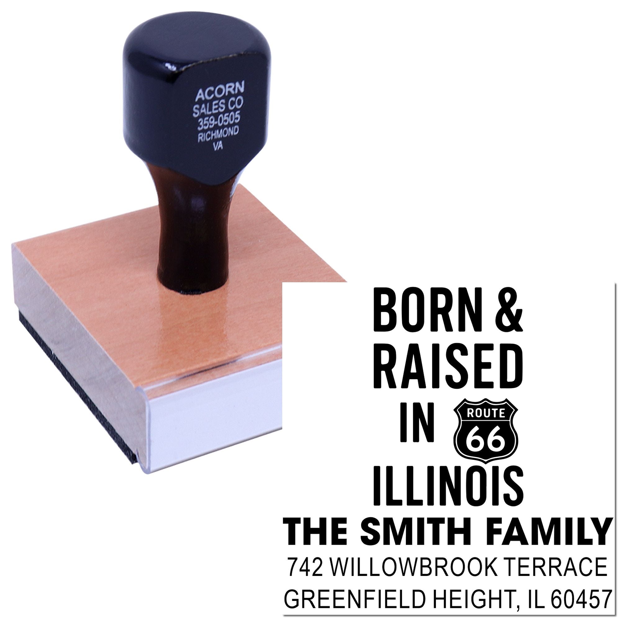 Custom rubber address stamp for The Smith Family, Born & Raised in Route 66 Illinois, with return address design.