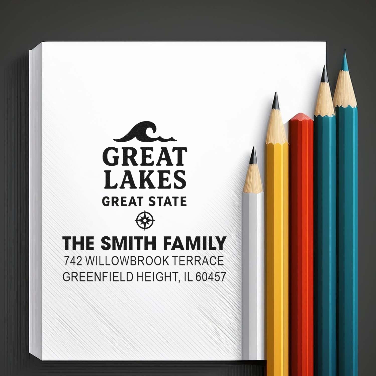 Custom Great Lakes Great State family address rubber stamp with The Smith Family return address design and colorful pencils