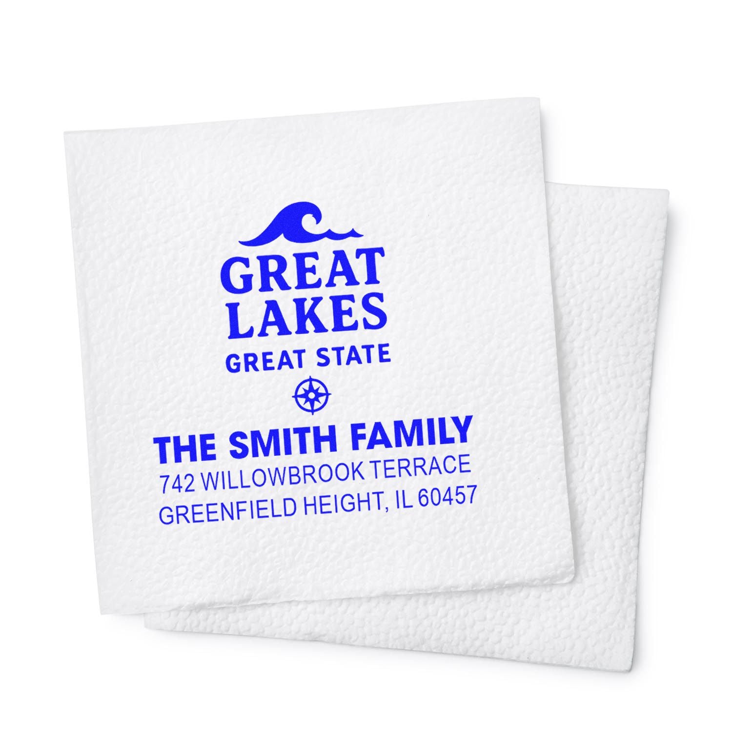 Custom Great Lakes return address rubber stamp for The Smith Family with blue logo and address imprint.