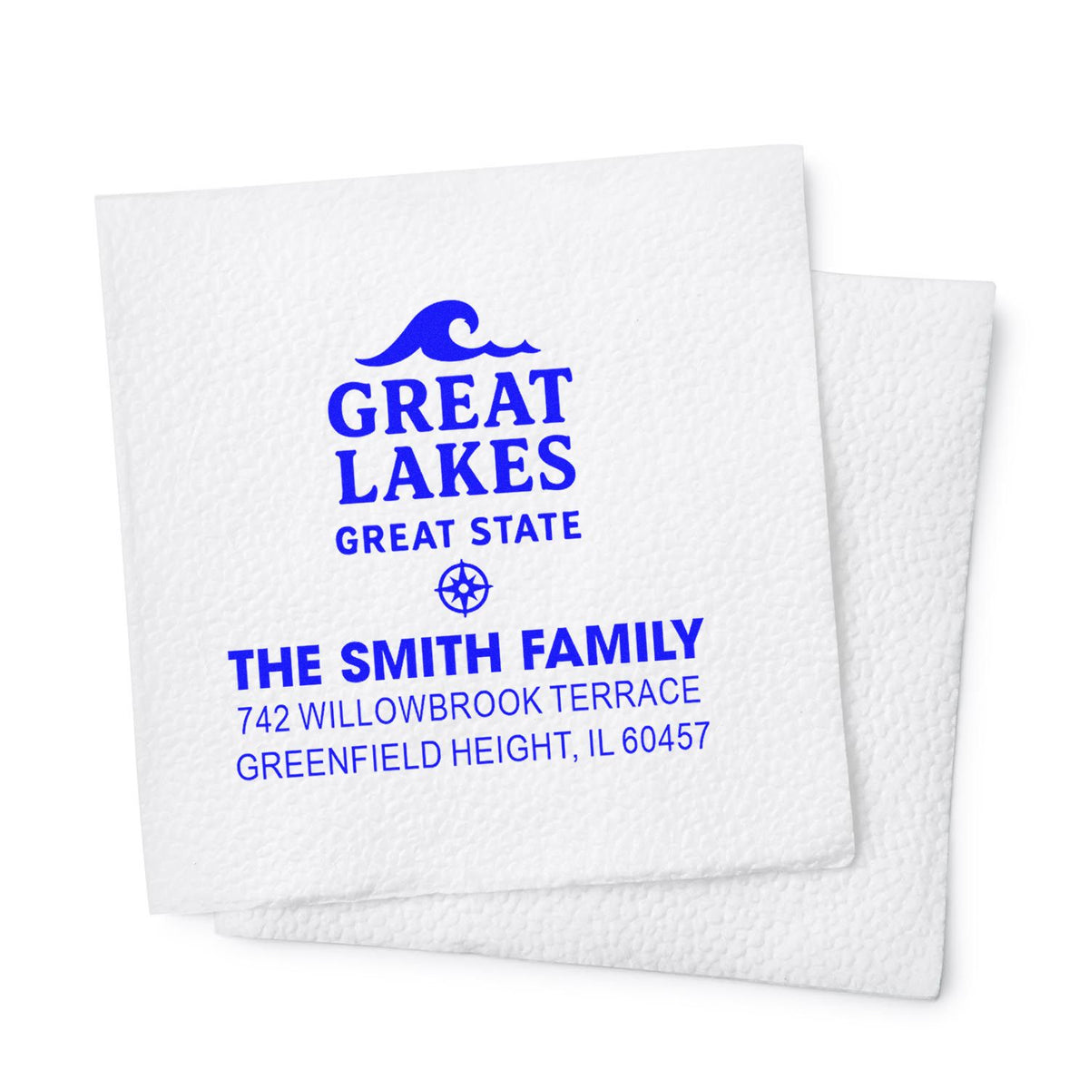 Custom rubber stamp for The Smith Family with Great Lakes Great State logo and address on textured paper.