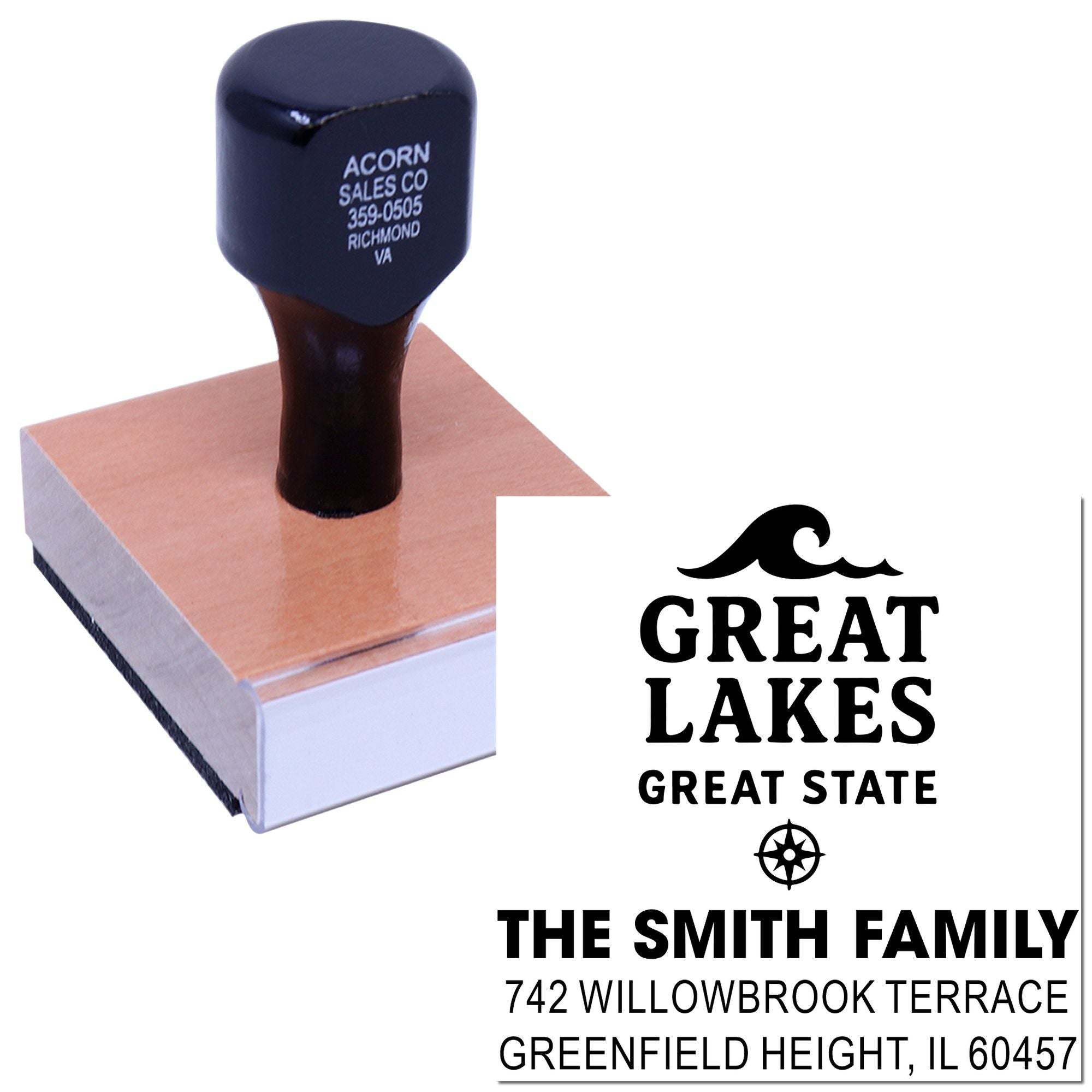Personalized rubber stamp for return address with Great Lakes Great State design and Smith family name
