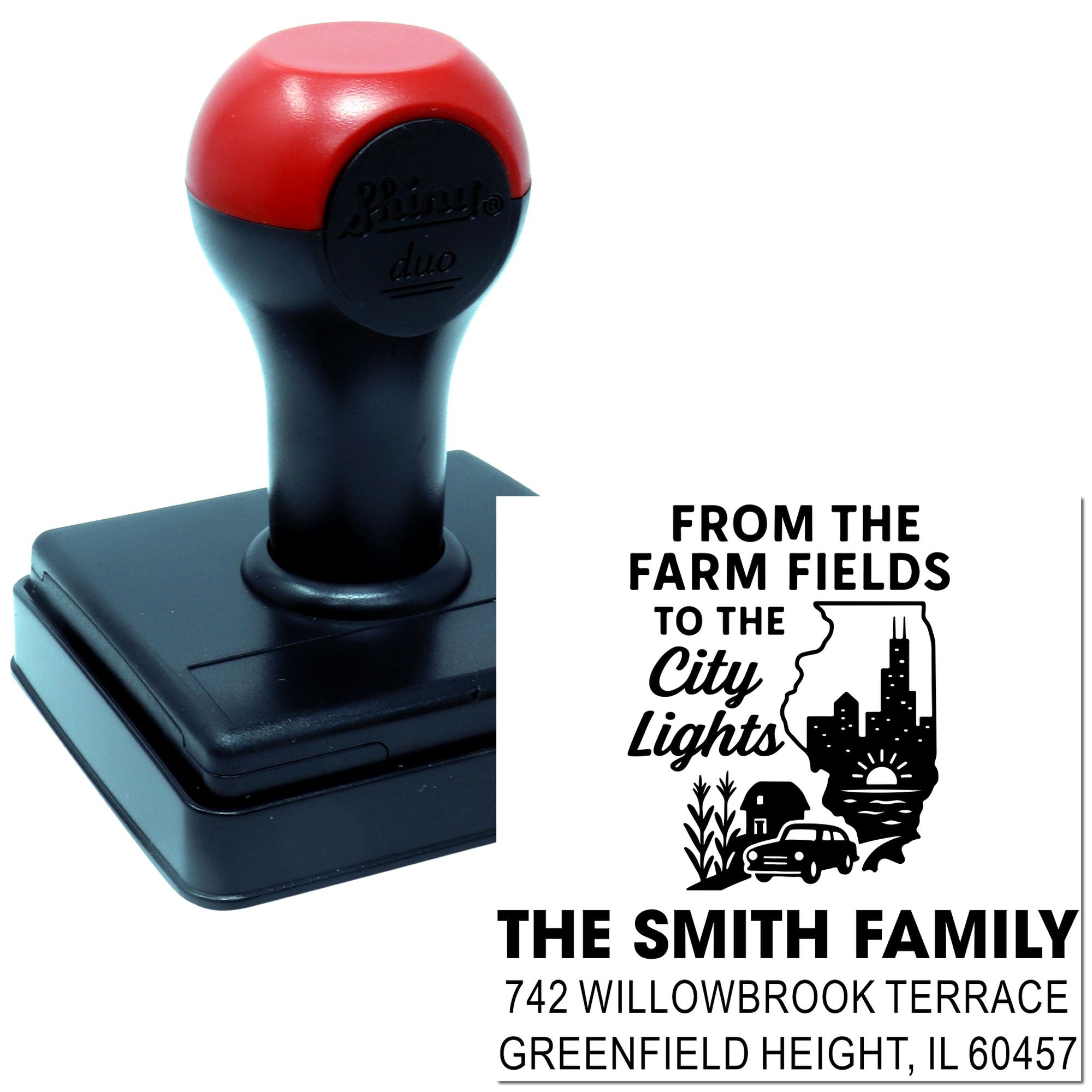 Personalized self-inking rubber return address stamp with farm-to-city lights family design for custom mail and cards.
