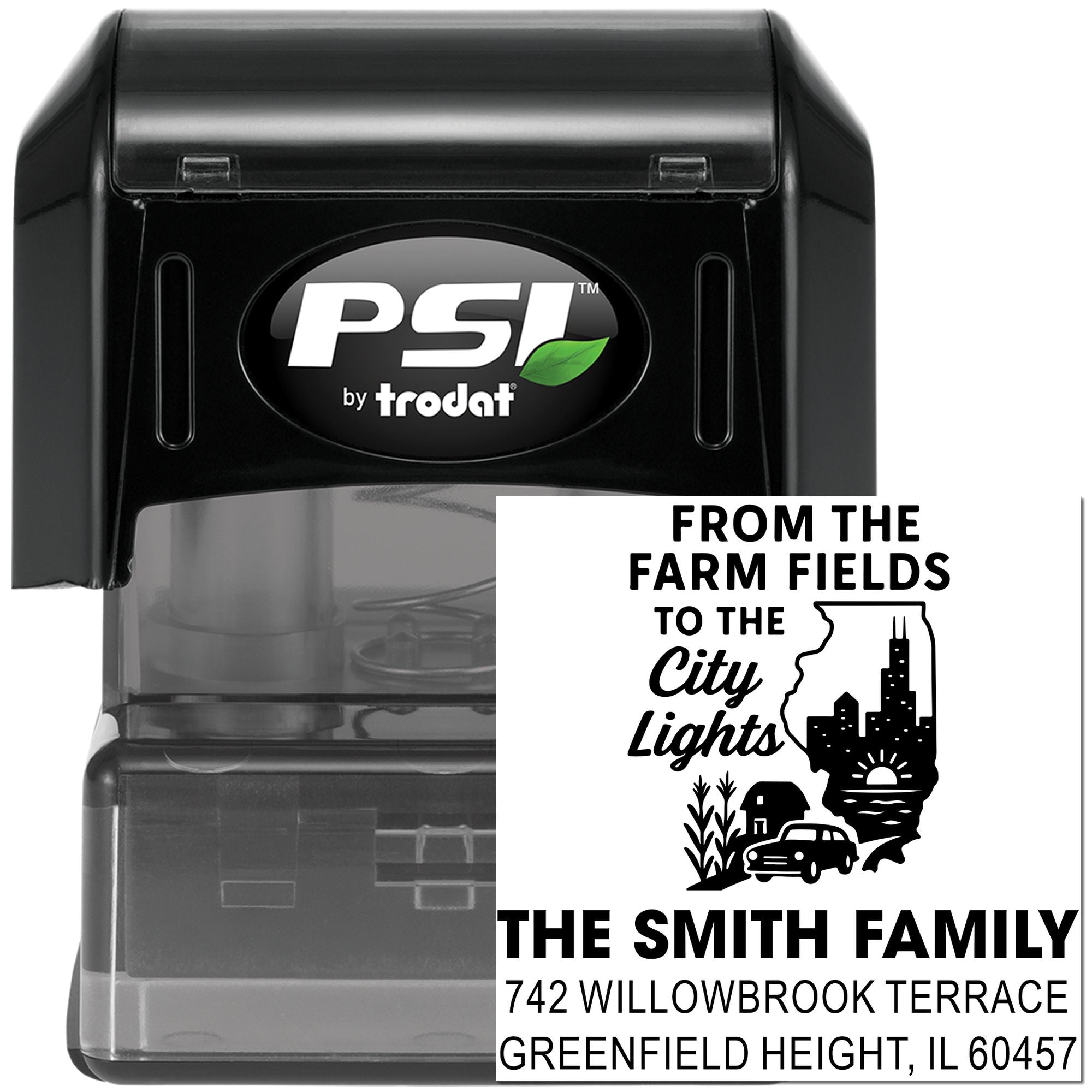 Custom self-inking rubber stamp by PSI Trodat with farmhouse-to-city address design for The Smith Family.