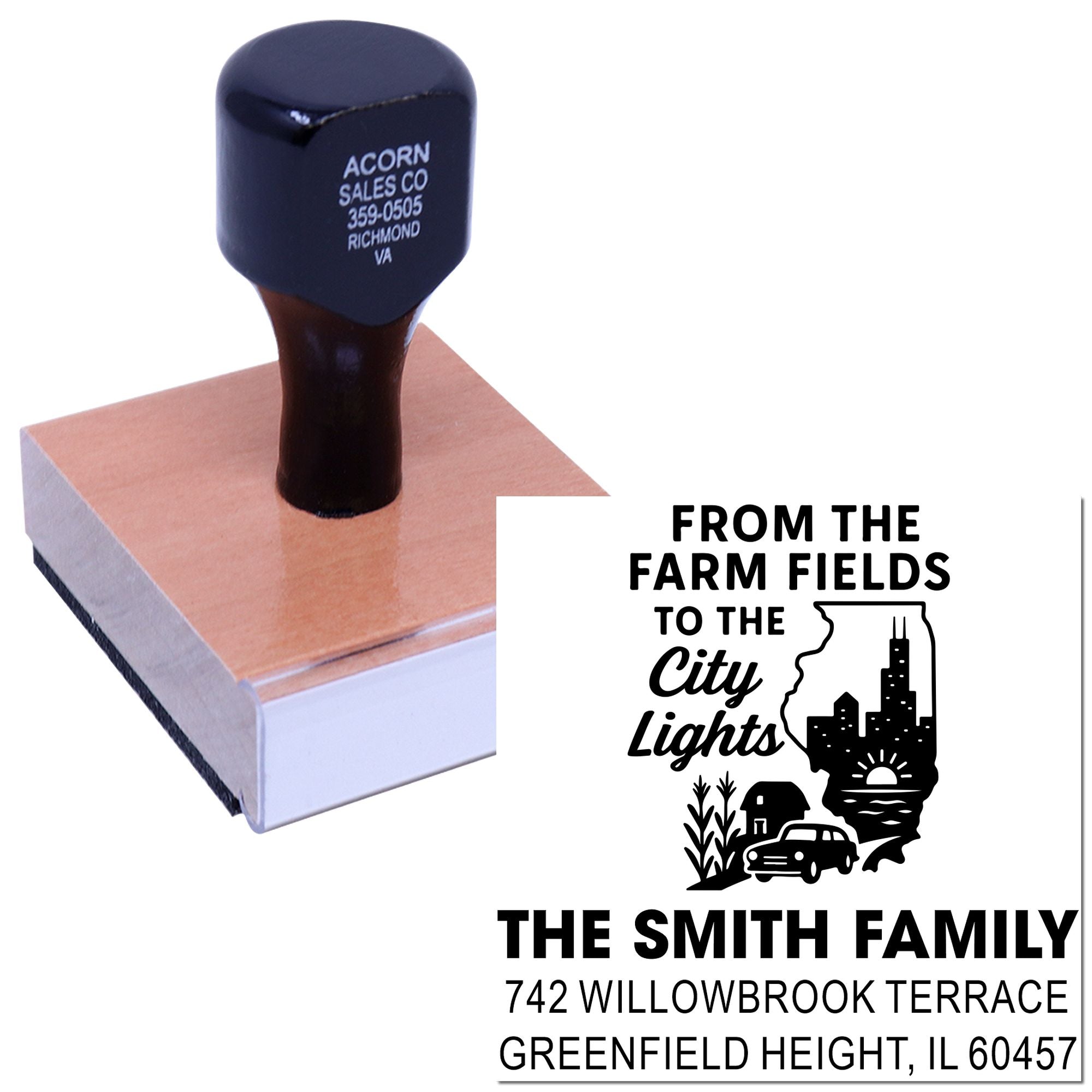 Custom rubber address stamp with From the Farm Fields to the City Lights design and The Smith Family return address.