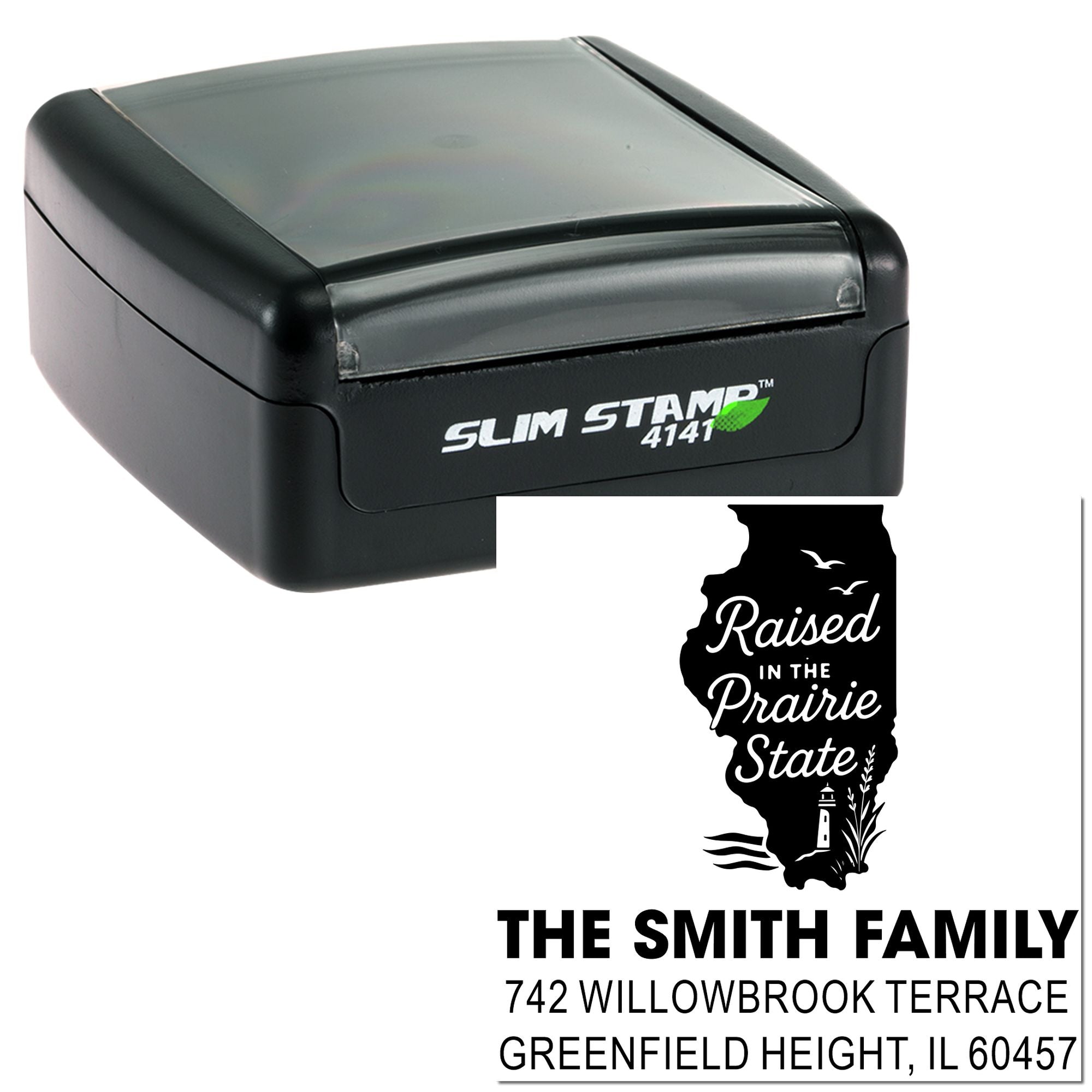 Custom rubber address stamp with Illinois Raised in the Prairie State family design and Smith family address.