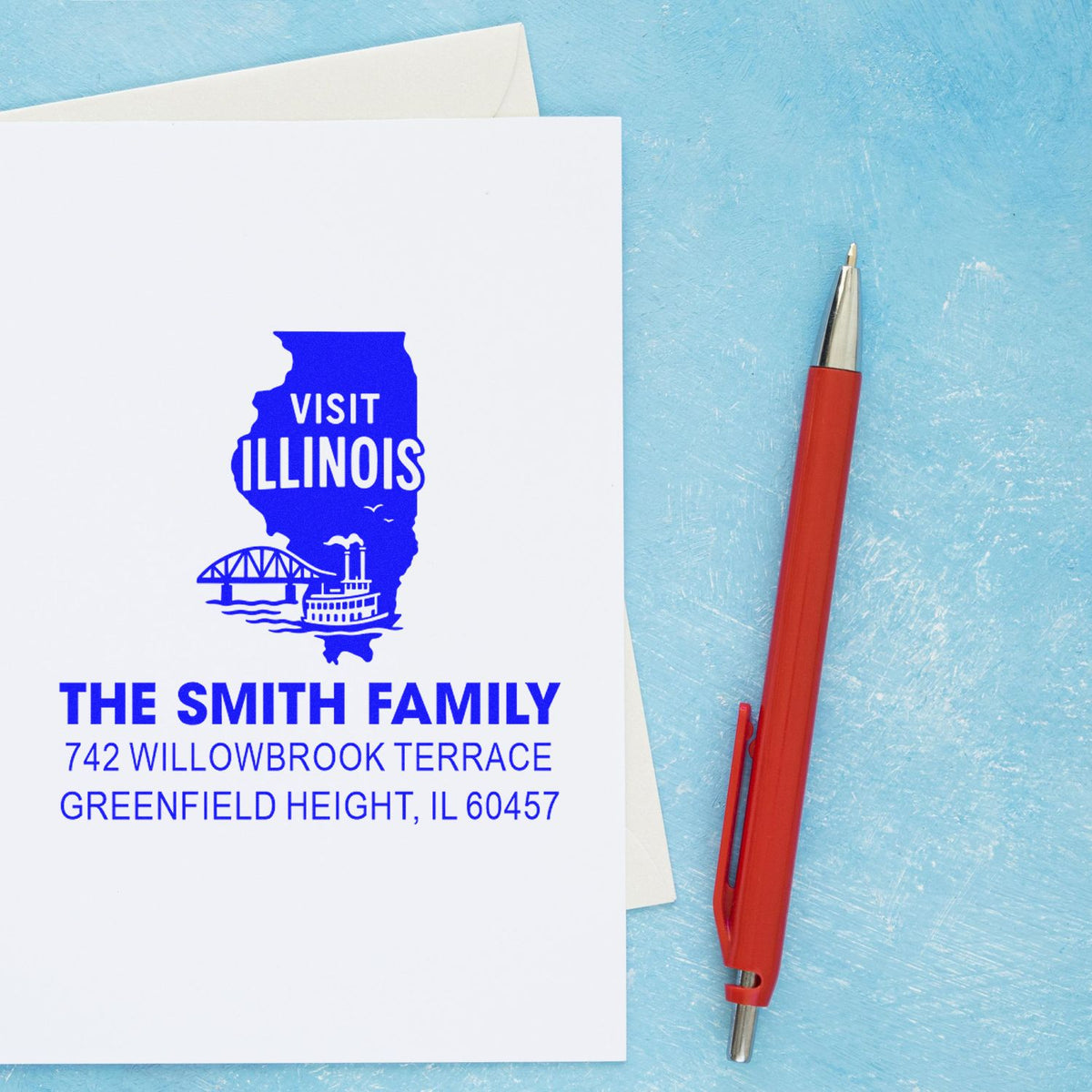 Custom return address rubber stamp with Visit Illinois design for The Smith Family, Greenfield Height, IL 60457.