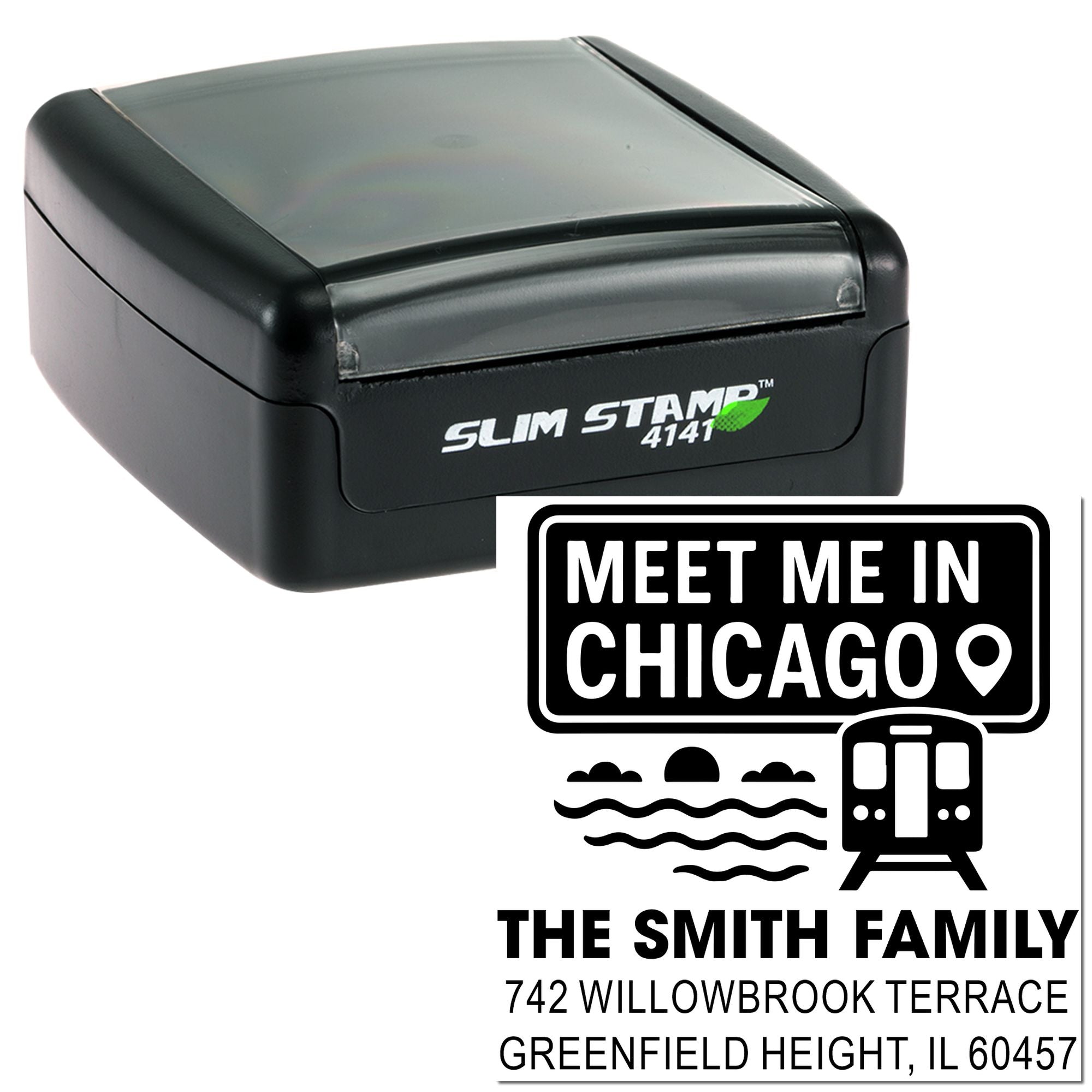 Self-inking Slim Stamp 4141 custom return address rubber stamp with Chicago-themed family design