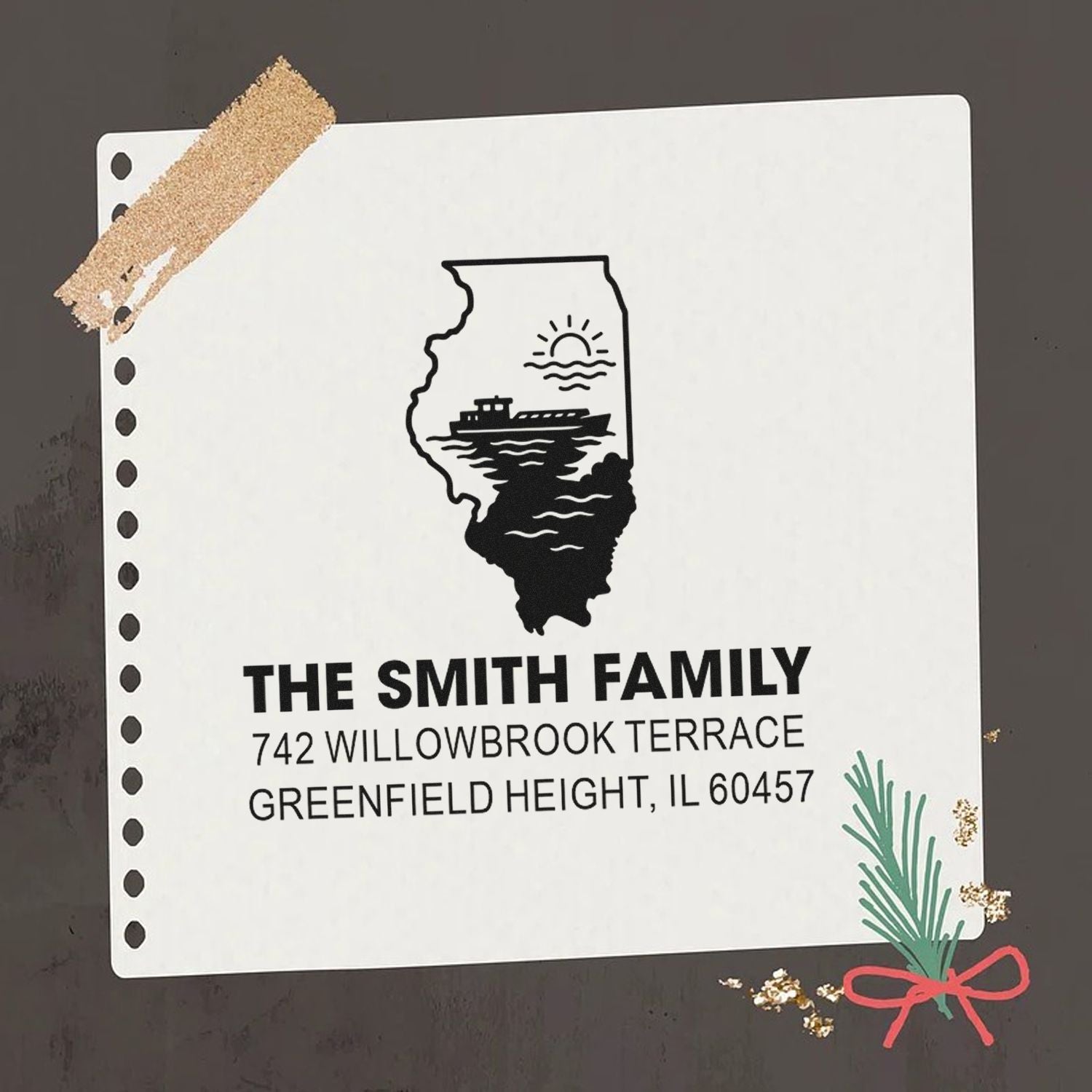 Custom Illinois return address rubber stamp for The Smith Family with state outline, boat, and waterfront sunset design.