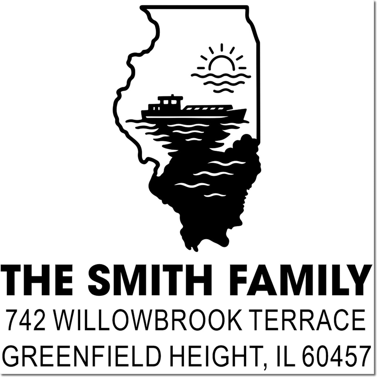 Personalized Illinois return address rubber stamp for The Smith Family, Greenfield Heights, IL, with boat and state design.