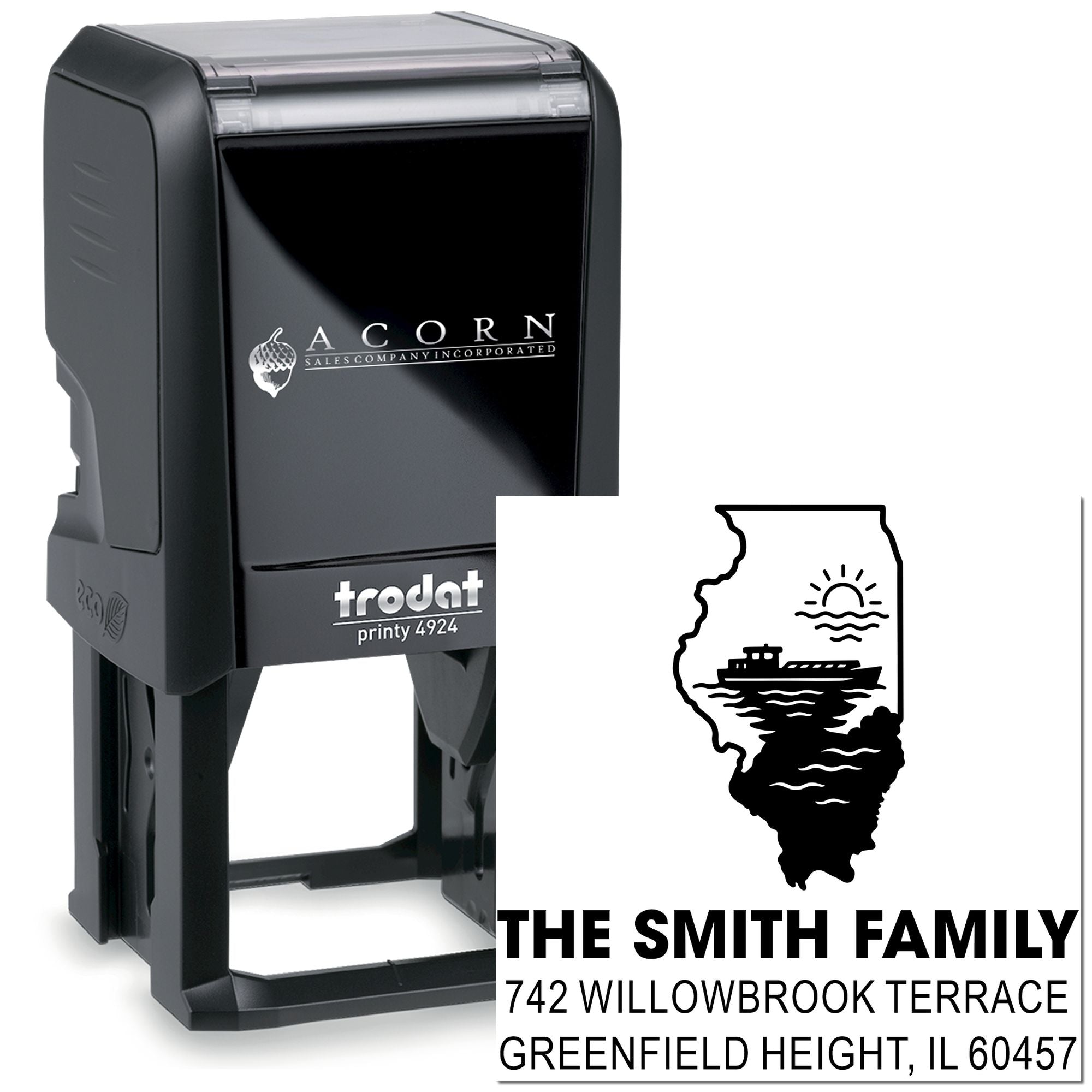 Custom self-inking address rubber stamp with Illinois family return address design for The Smith Family.