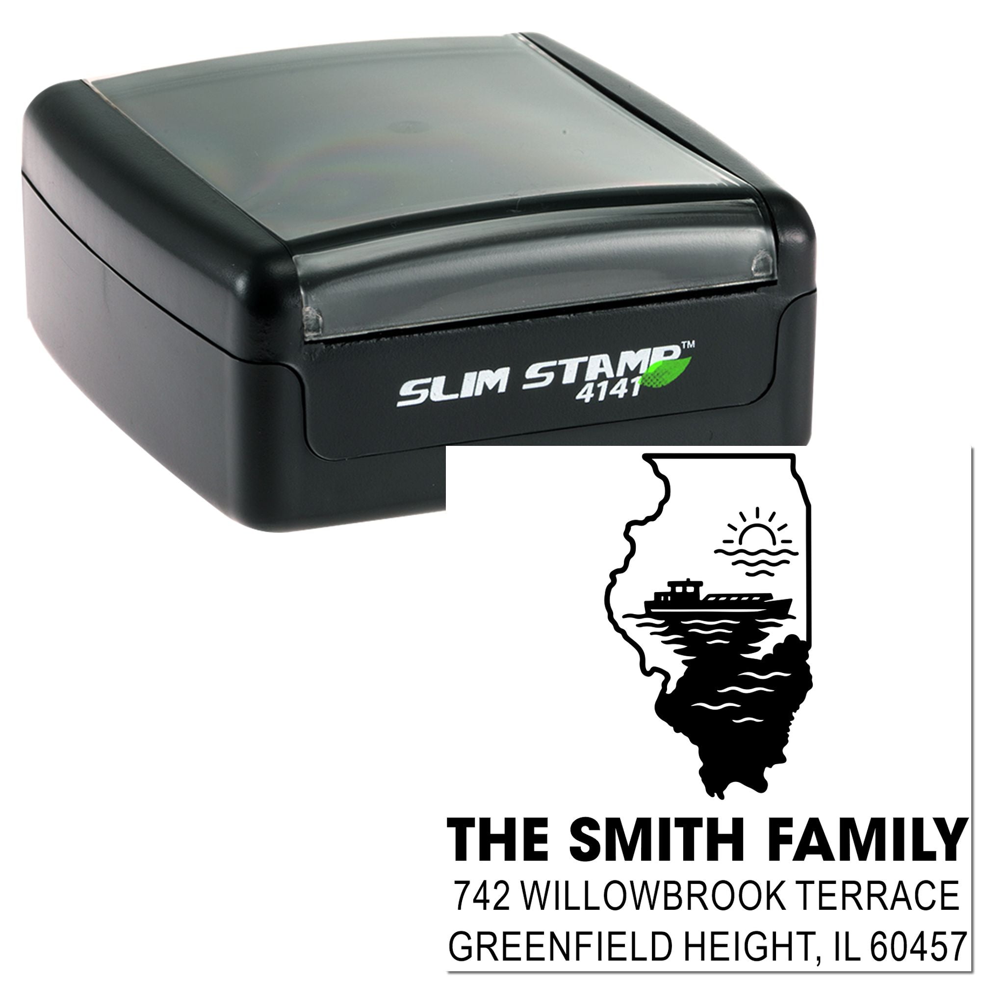 Custom self-inking rubber stamp sample with Illinois map design and family address imprint.