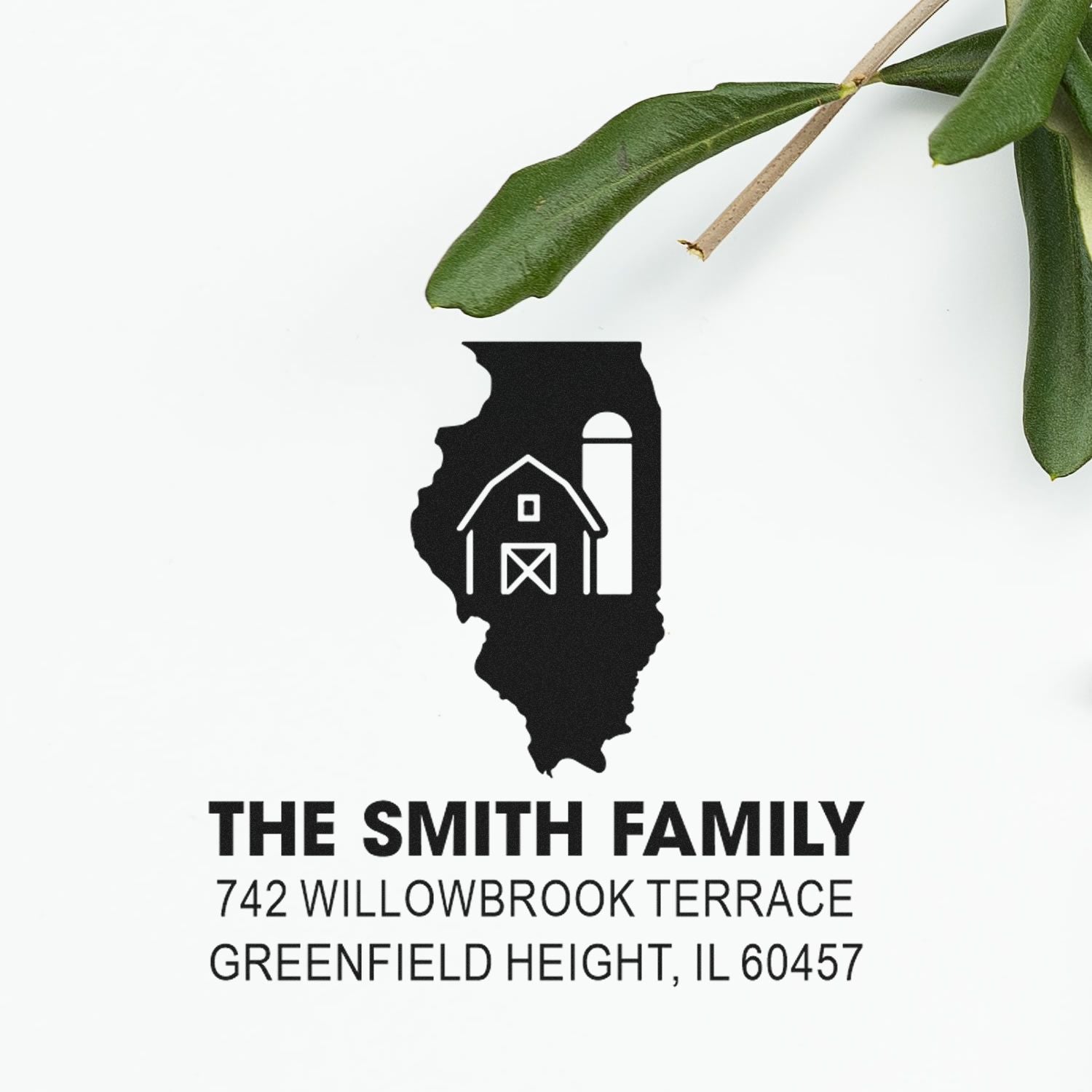 Custom Illinois family address rubber stamp with barn icon for The Smith Family, 742 Willowbrook Terrace, Greenfield Height, IL 60457