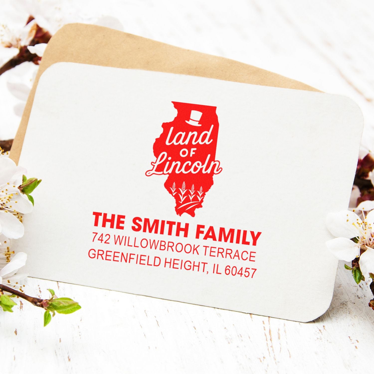 Custom Illinois address rubber stamp with Land of Lincoln design for The Smith Family.
