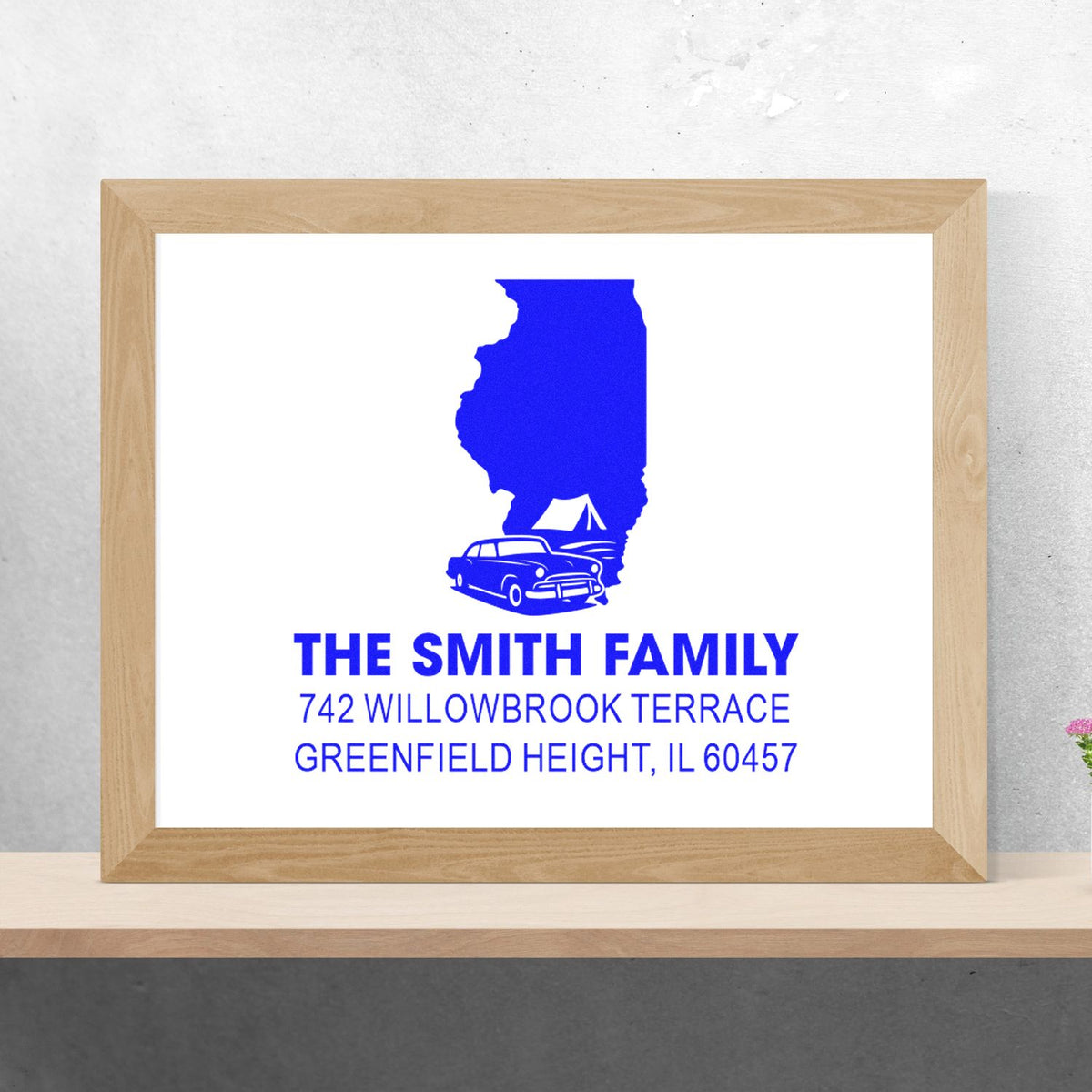 Personalized family address rubber stamp with Illinois silhouette for The Smith Family, featuring car and campsite graphic.