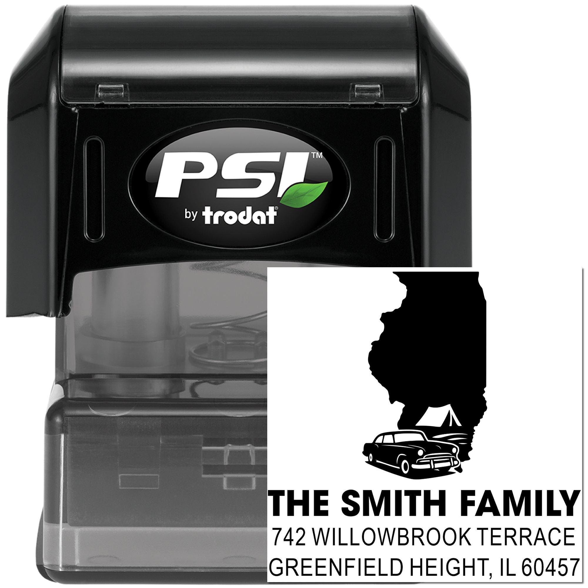 Custom self-inking rubber address stamp with family name and Illinois return address, PSI by Trodat.