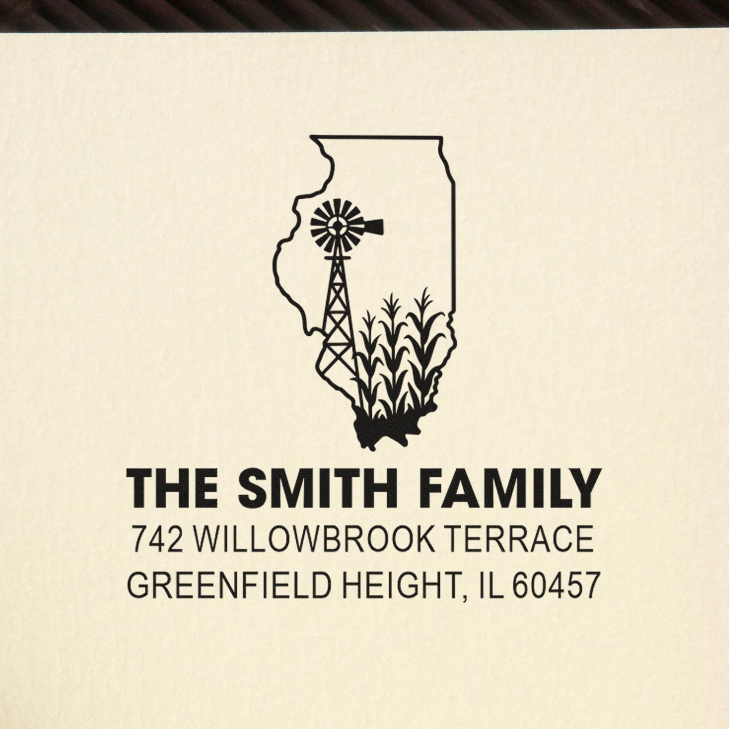 Illinois family return address rubber stamp with windmill and corn design for The Smith Family, Greenfield Heights, IL.