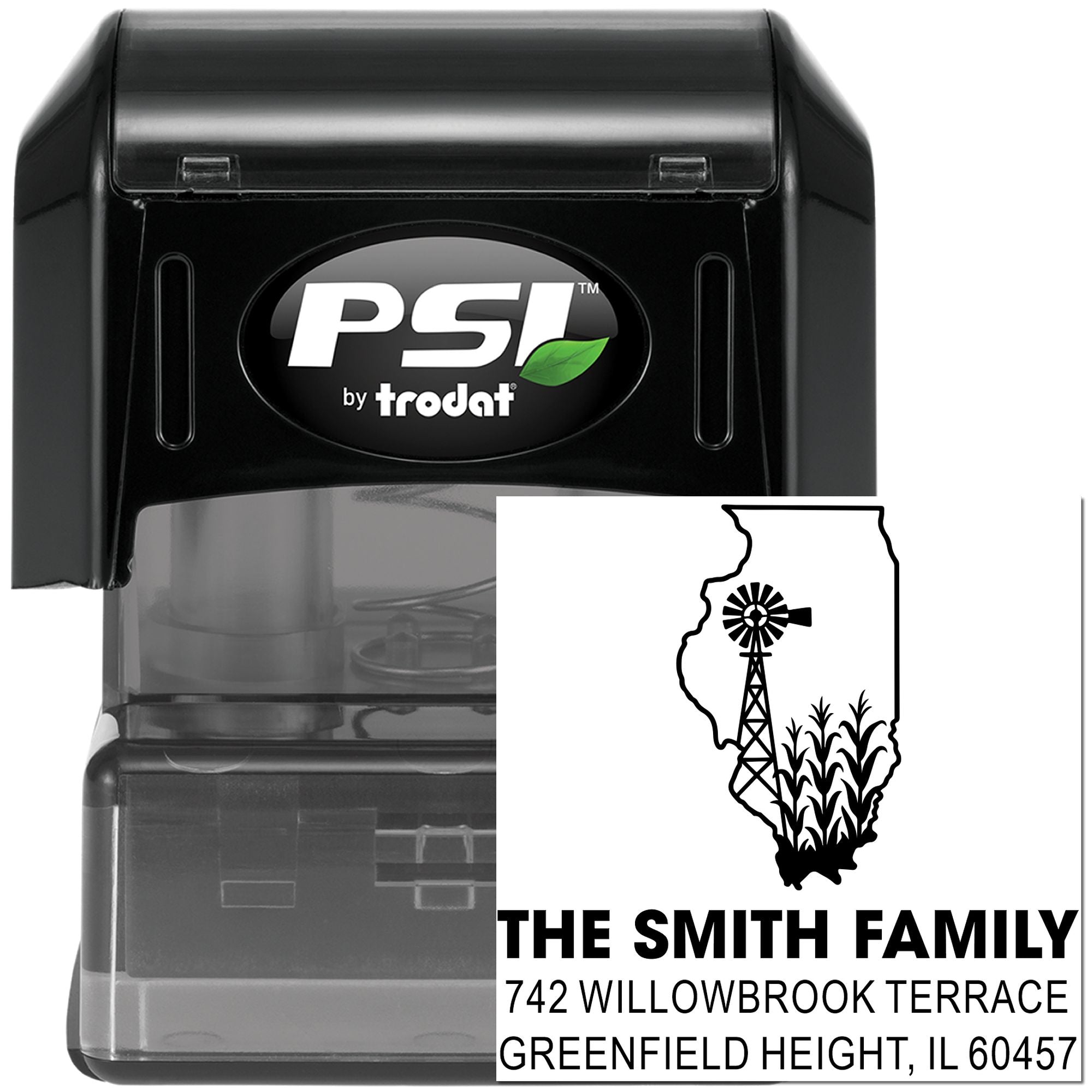 Custom self-inking rubber stamp by PSI Trodat with farm logo, family name, and return address for personalized mailing labels