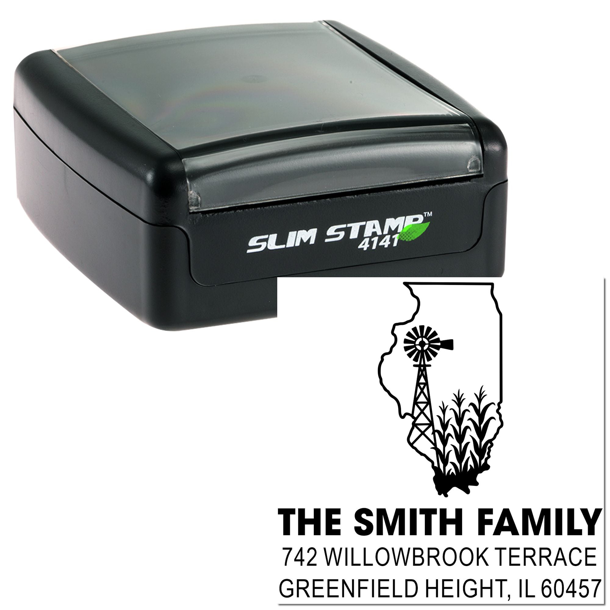Custom self-inking Slim Stamp 4141 rubber stamp with Illinois family return address design for personalized mailing use