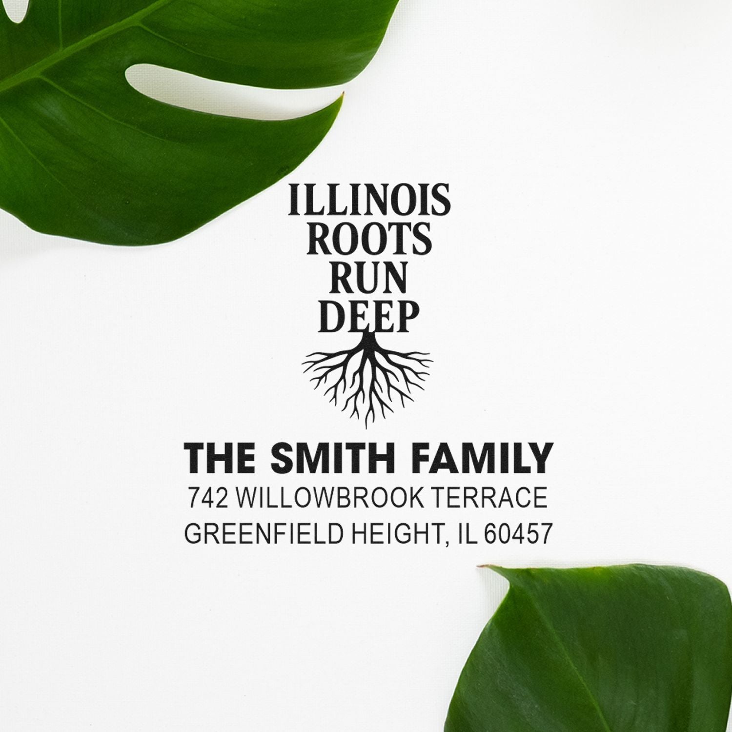 Custom personalized return address rubber stamp for The Smith Family with Illinois Roots Run Deep roots design.