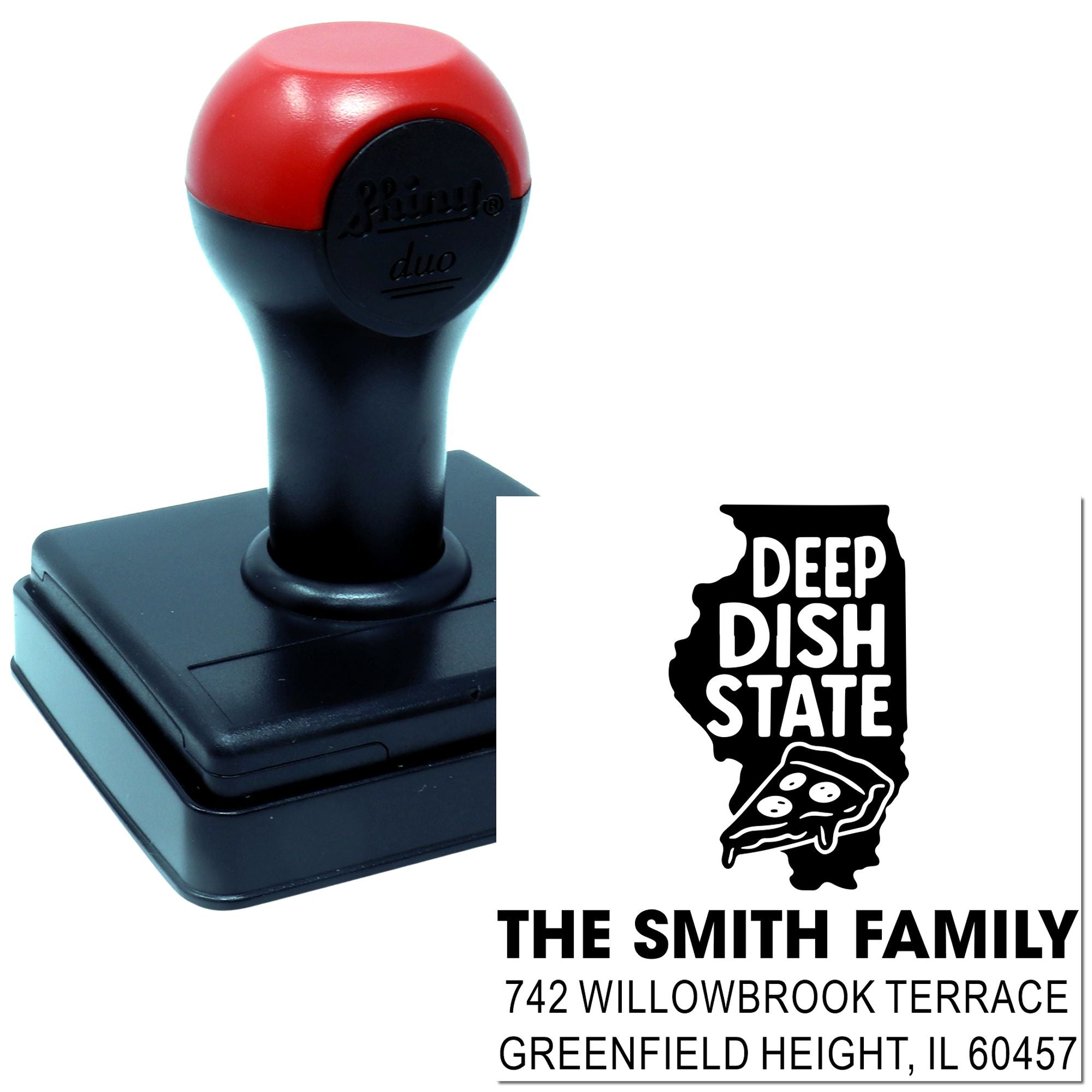 Custom self-inking rubber stamp with Deep Dish State family address design for The Smith Family.