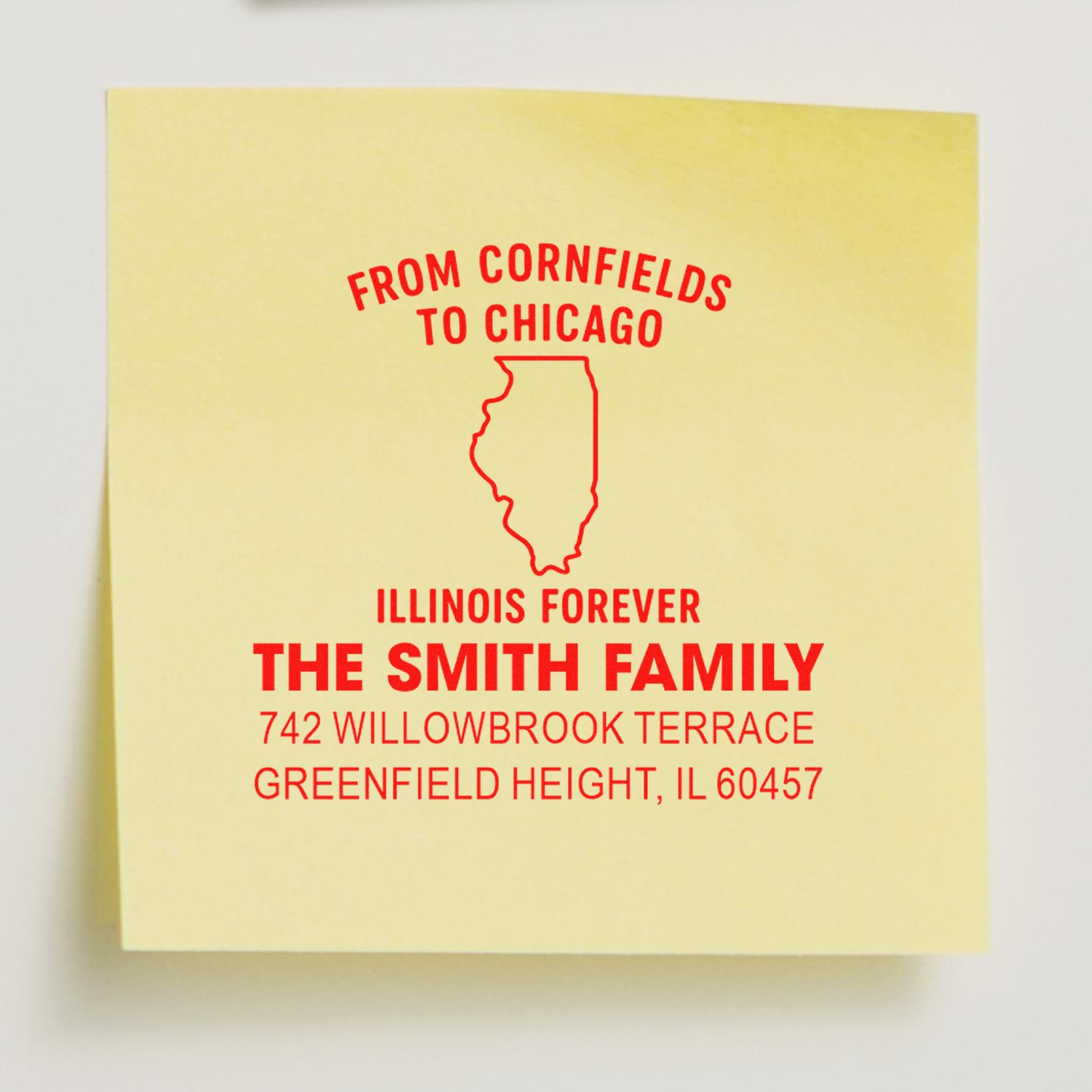 Custom Illinois family address rubber stamp with state outline and From Cornfields to Chicago slogan for The Smith Family.