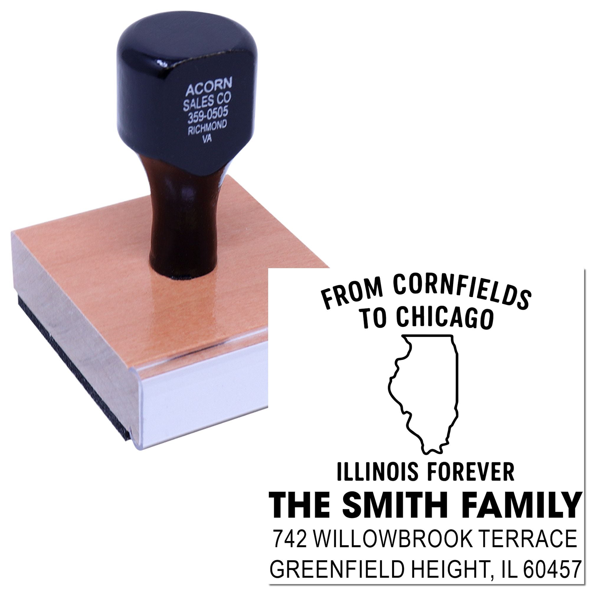 Custom family address rubber stamp with Illinois state design and From Cornfields to Chicago slogan for mailing envelopes.