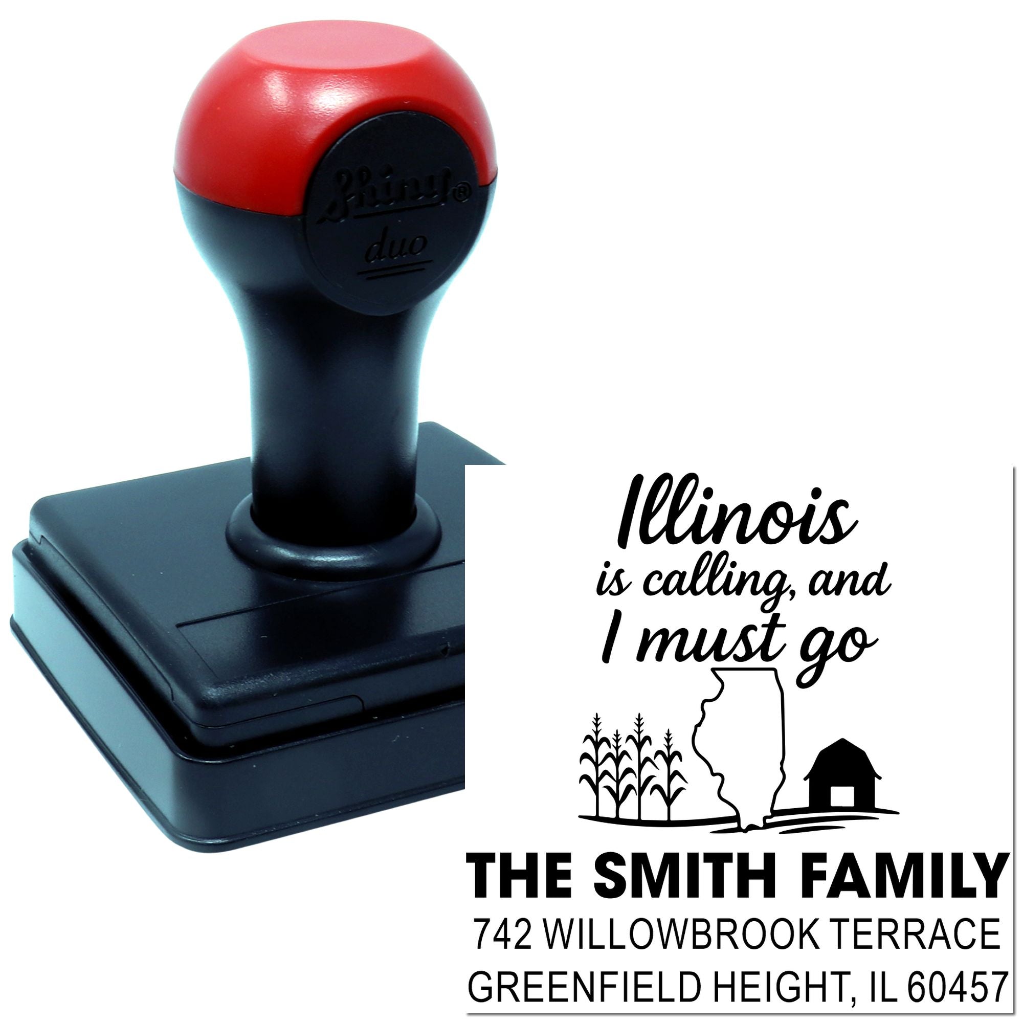 Self-inking custom Illinois address rubber stamp with family name and address for personalized mailings.