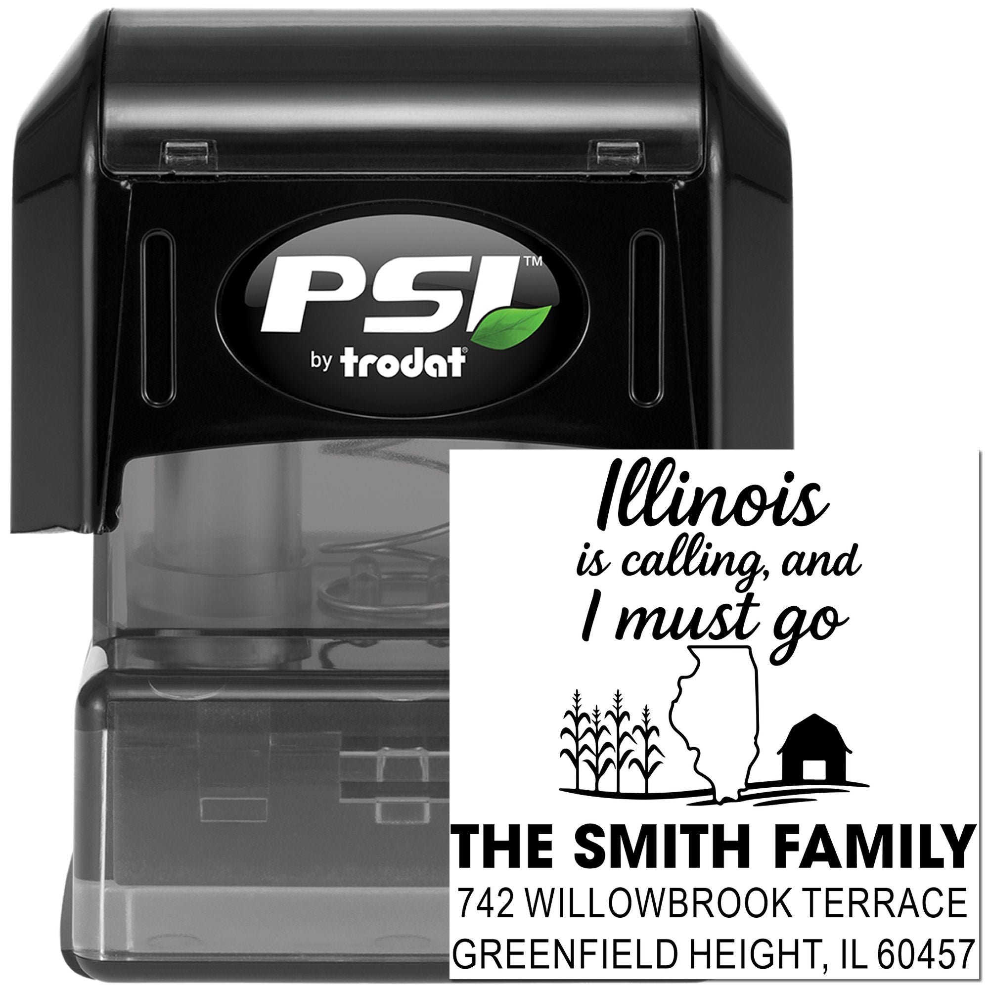 Custom Illinois return address rubber stamp, self-inking PSI by Trodat stamp for family mailing and stationery