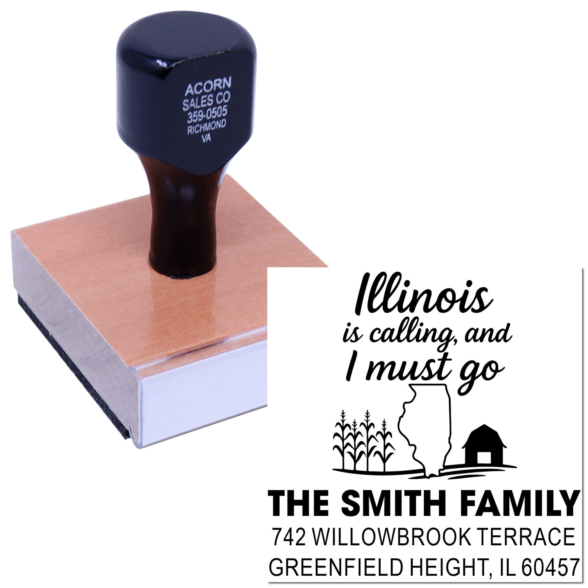 Custom address rubber stamp with Illinois family moving announcement and personalized return address design