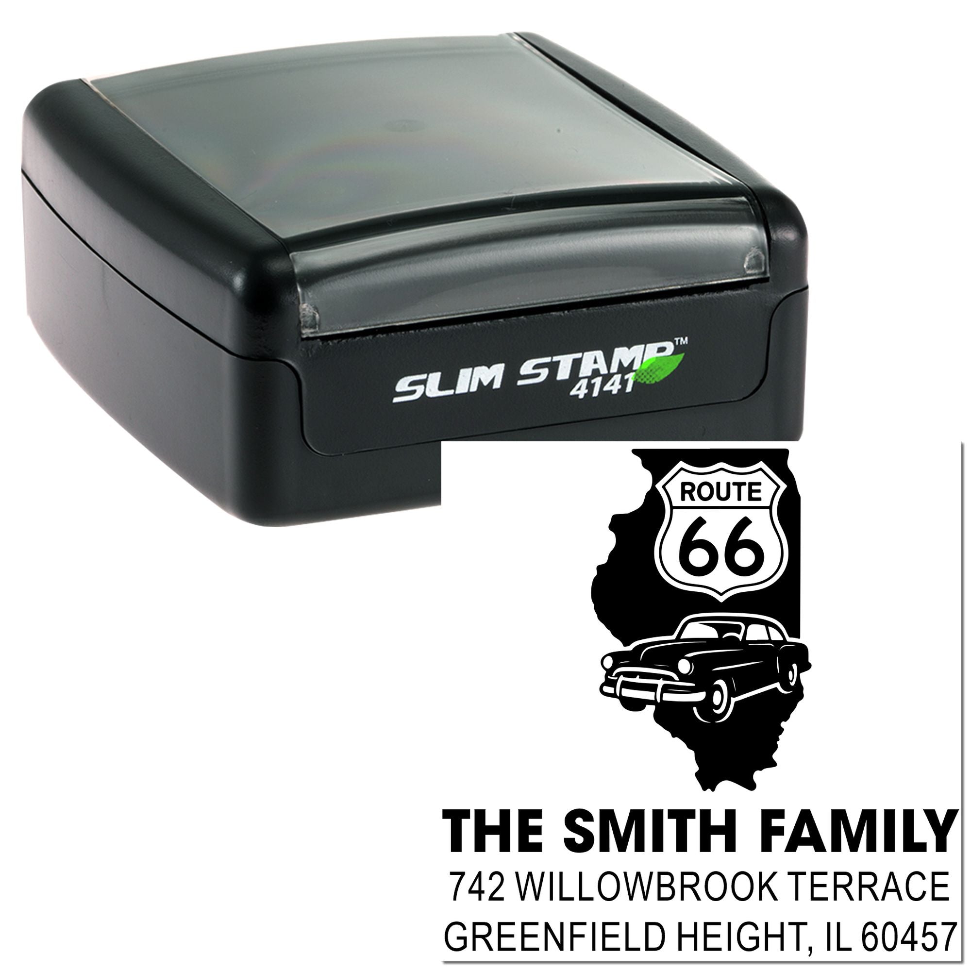 Slim Stamp 4141 custom rubber address stamp featuring Route 66 family design and personalized home address.