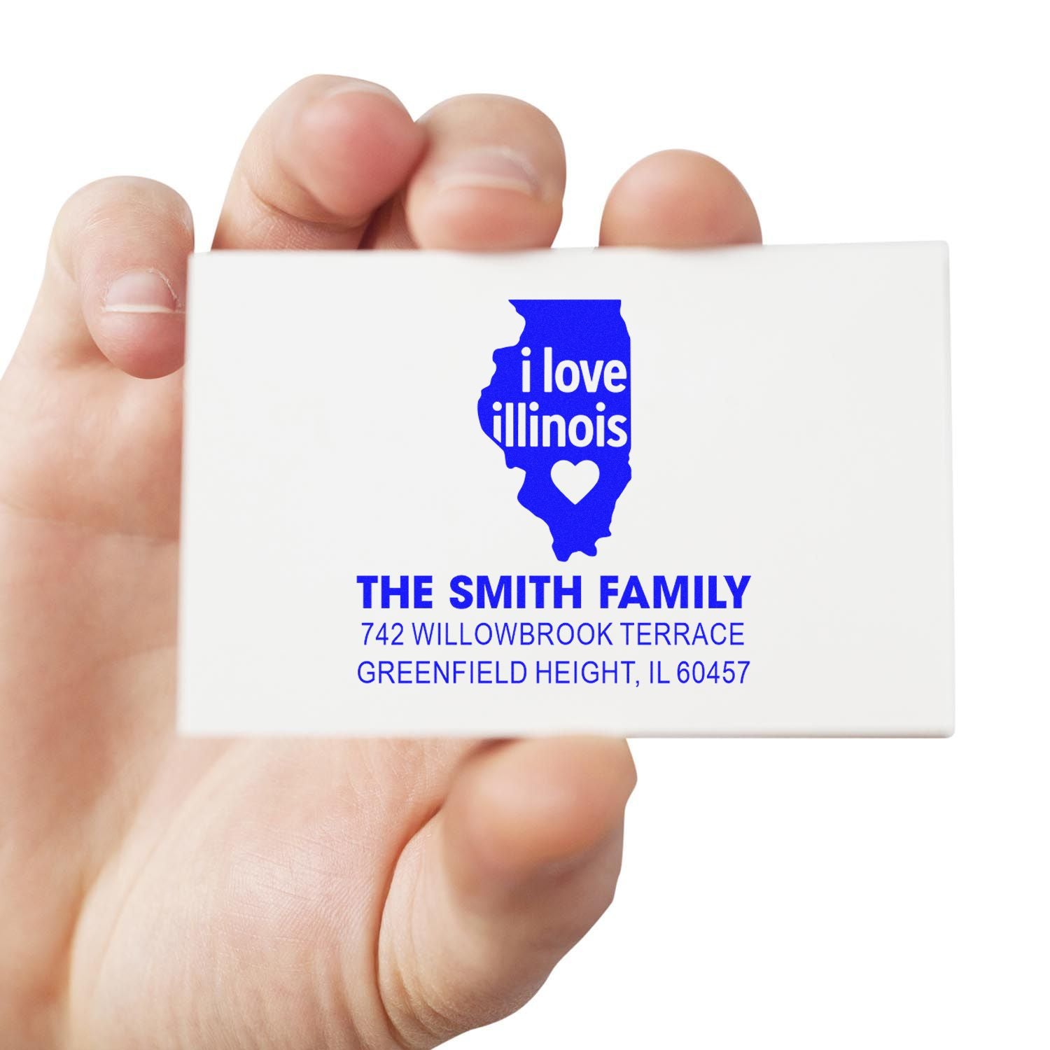 Custom Illinois return address rubber stamp for The Smith Family, featuring state outline and personalized address.
