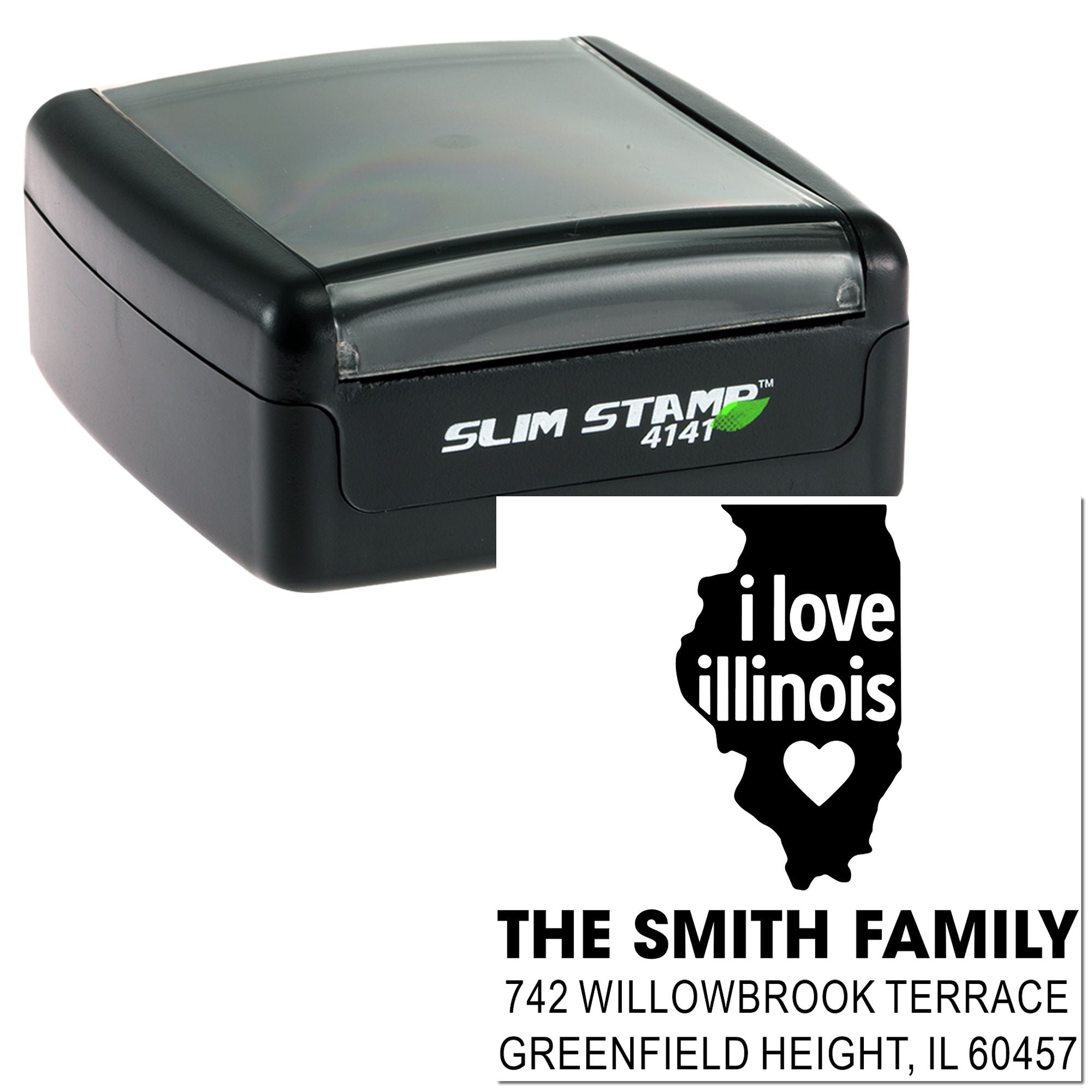 Custom self-inking rubber stamp with Illinois state design and return address for The Smith Family.