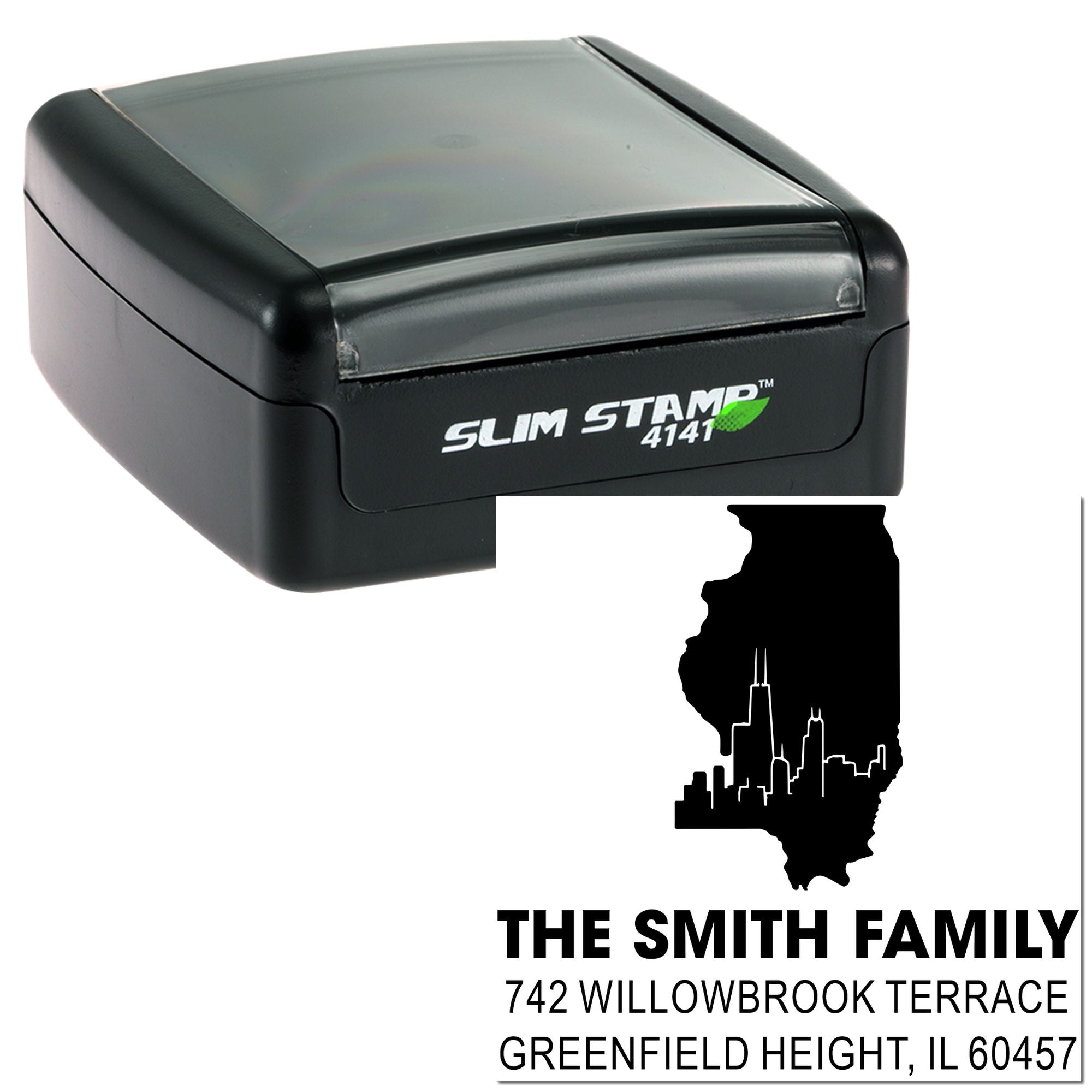 Custom self-inking rubber stamp with Illinois skyline address design for The Smith Family, Greenfield Height, IL 60457