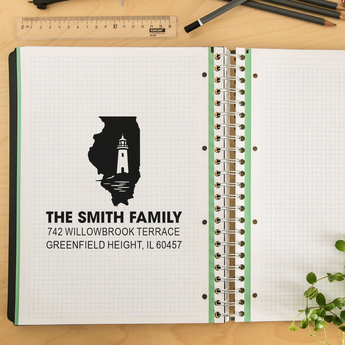 Custom rubber return address stamp design with lighthouse graphic for family mailings and stationery.
