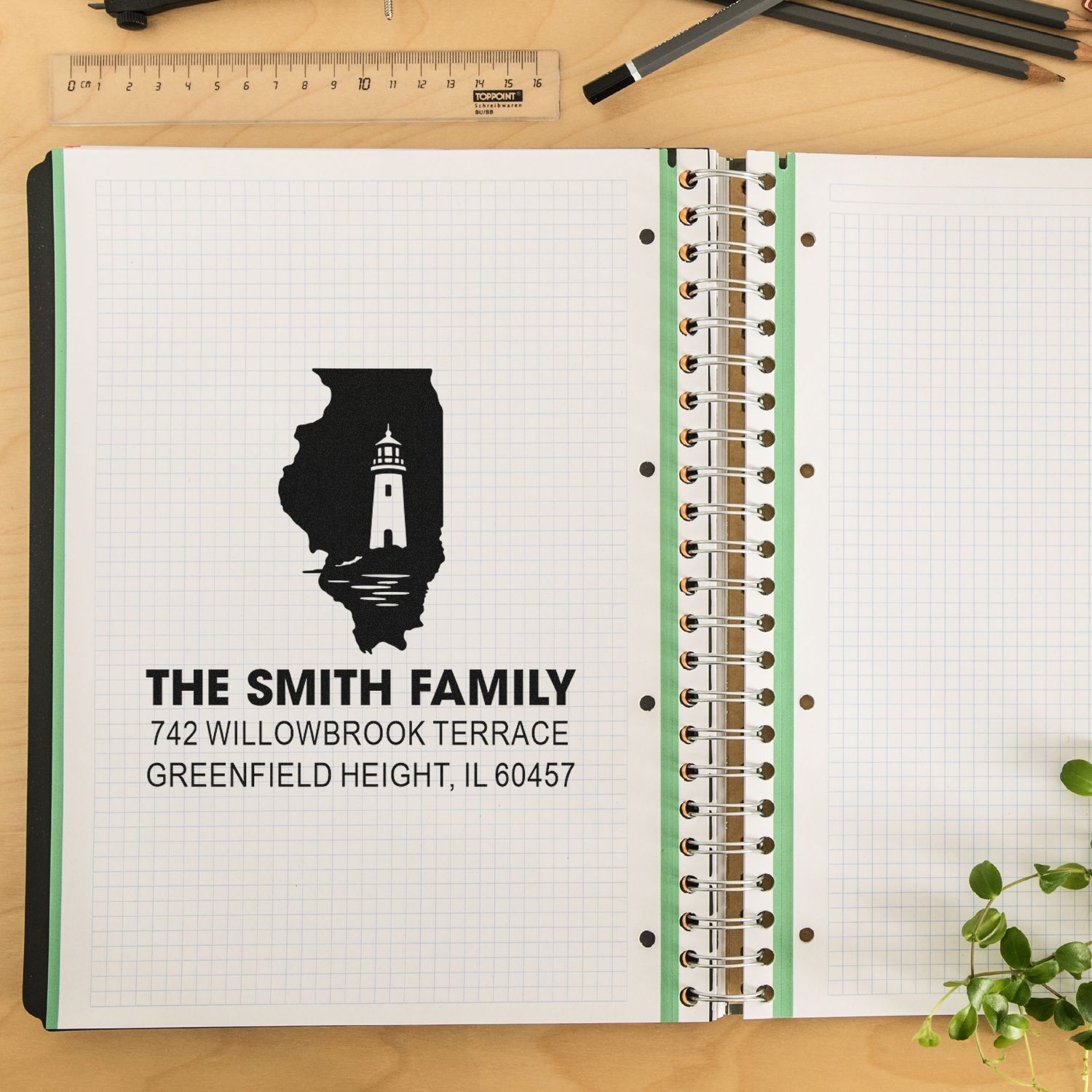 Custom rubber return address stamp for the Smith family with lighthouse logo and Illinois silhouette.