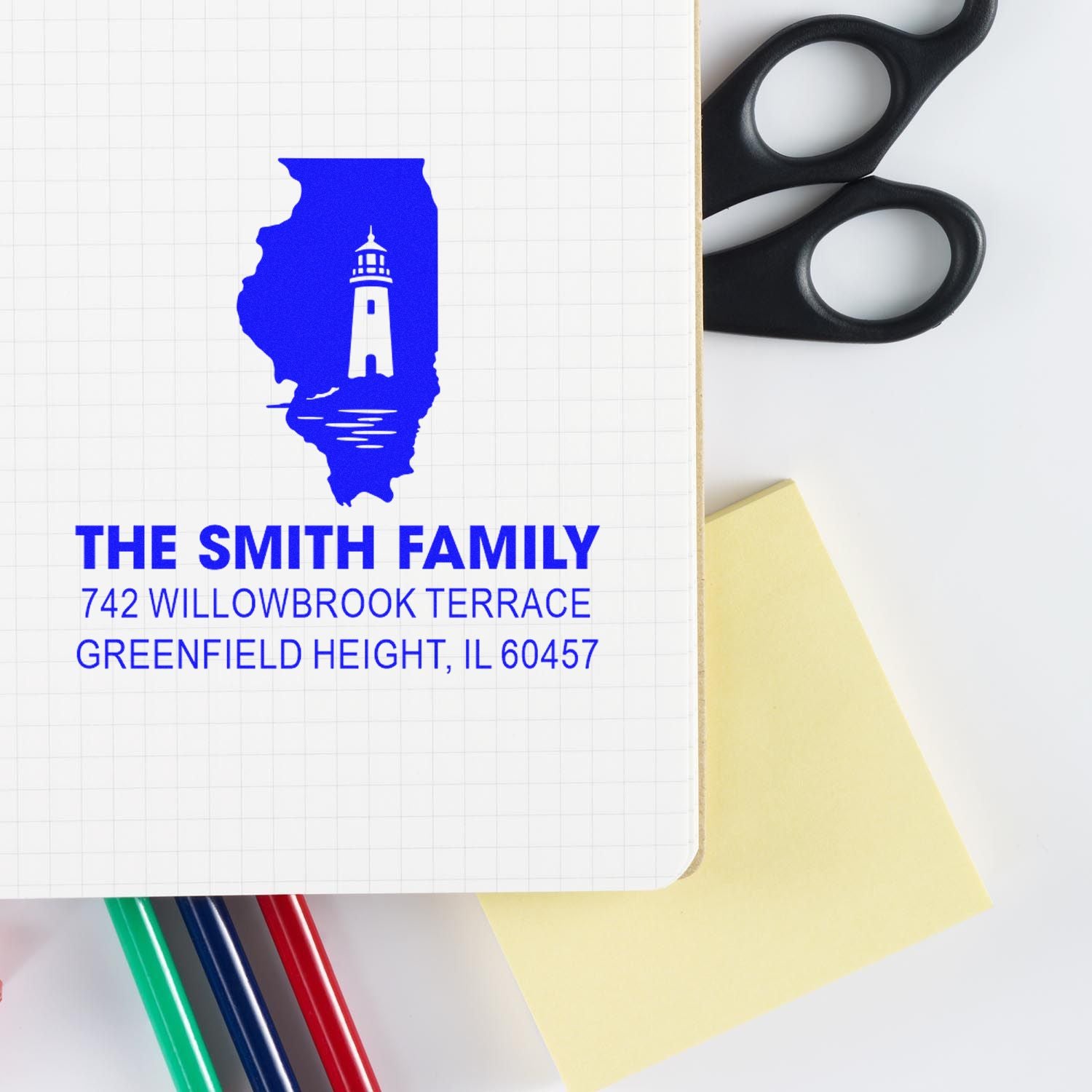 Custom family address rubber stamp with lighthouse state design for The Smith Family, Greenfield Height, IL 60457