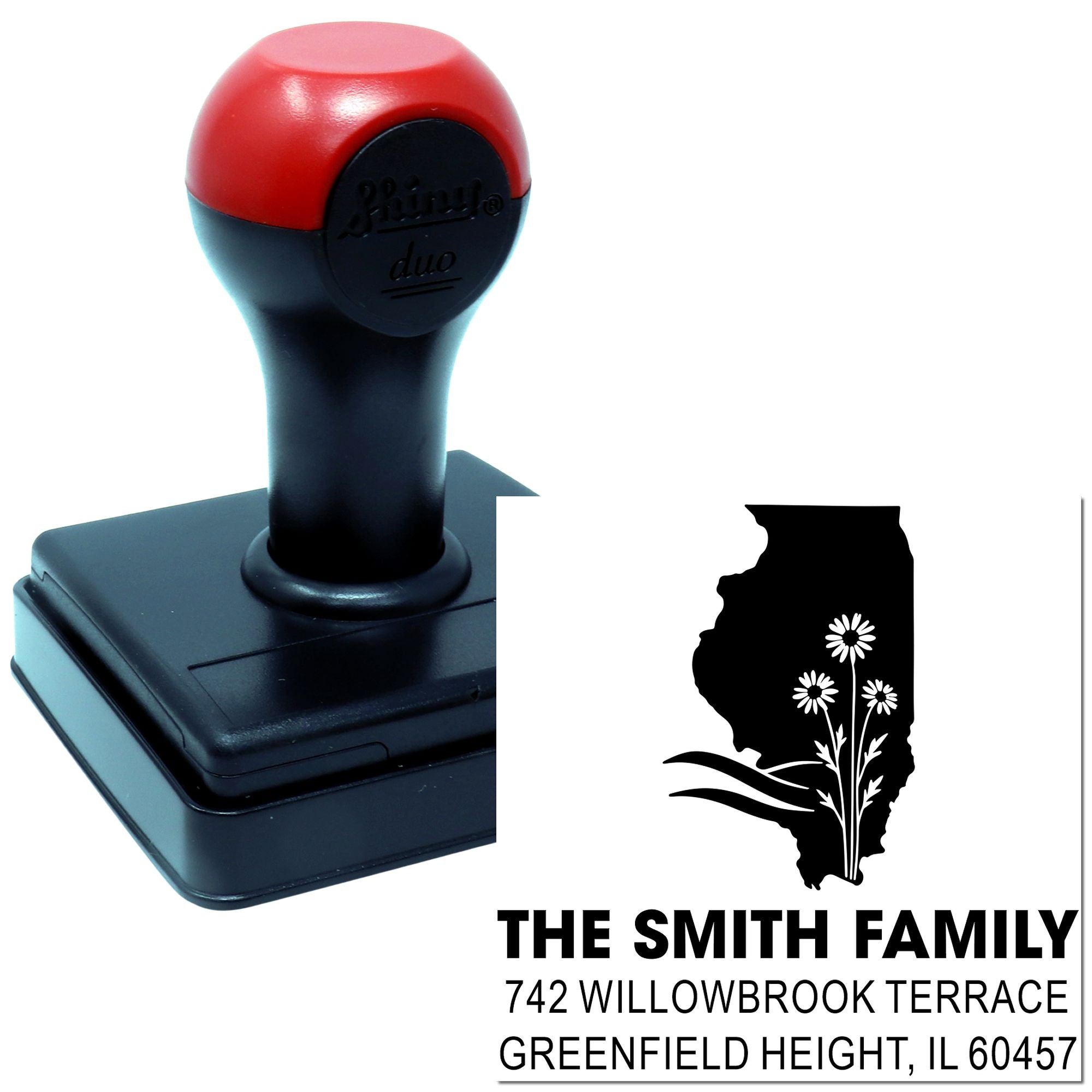 Custom self-inking rubber address stamp with Illinois state design, floral motif, and The Smith Family return address imprint.