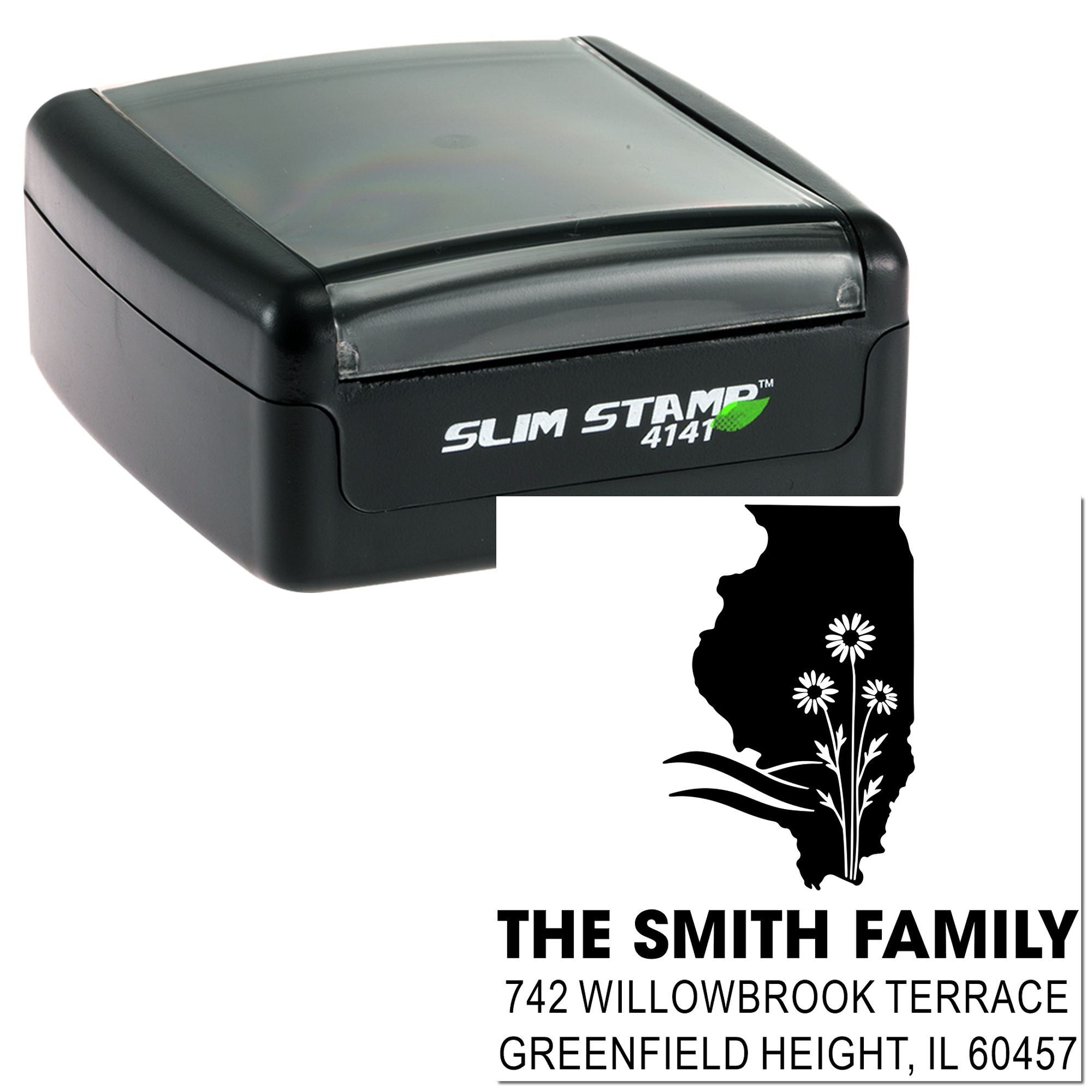 Slim self-inking custom return address rubber stamp with Illinois floral family design for mailing envelopes