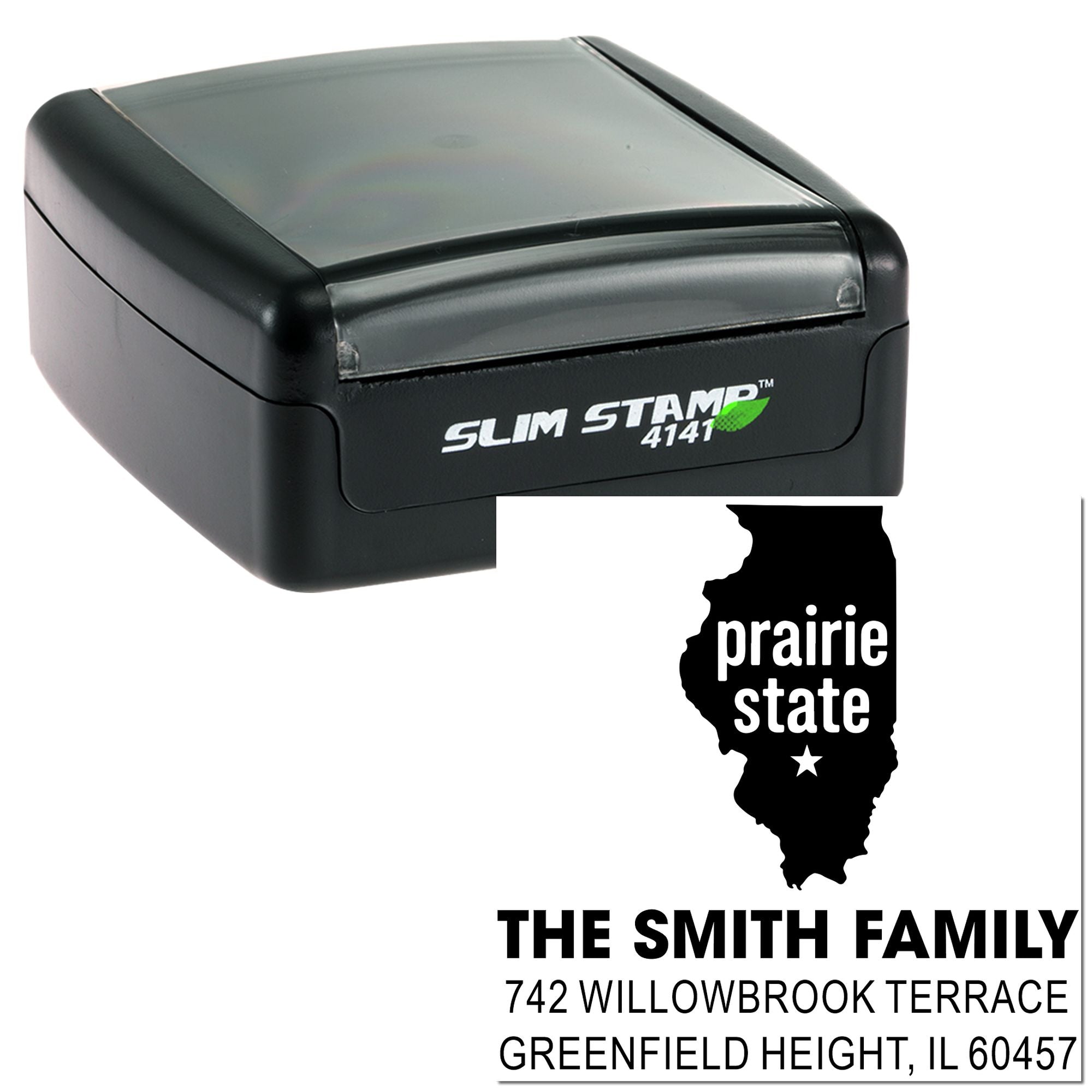 Custom self-inking rubber stamp with Illinois prairie state family address design for The Smith Family