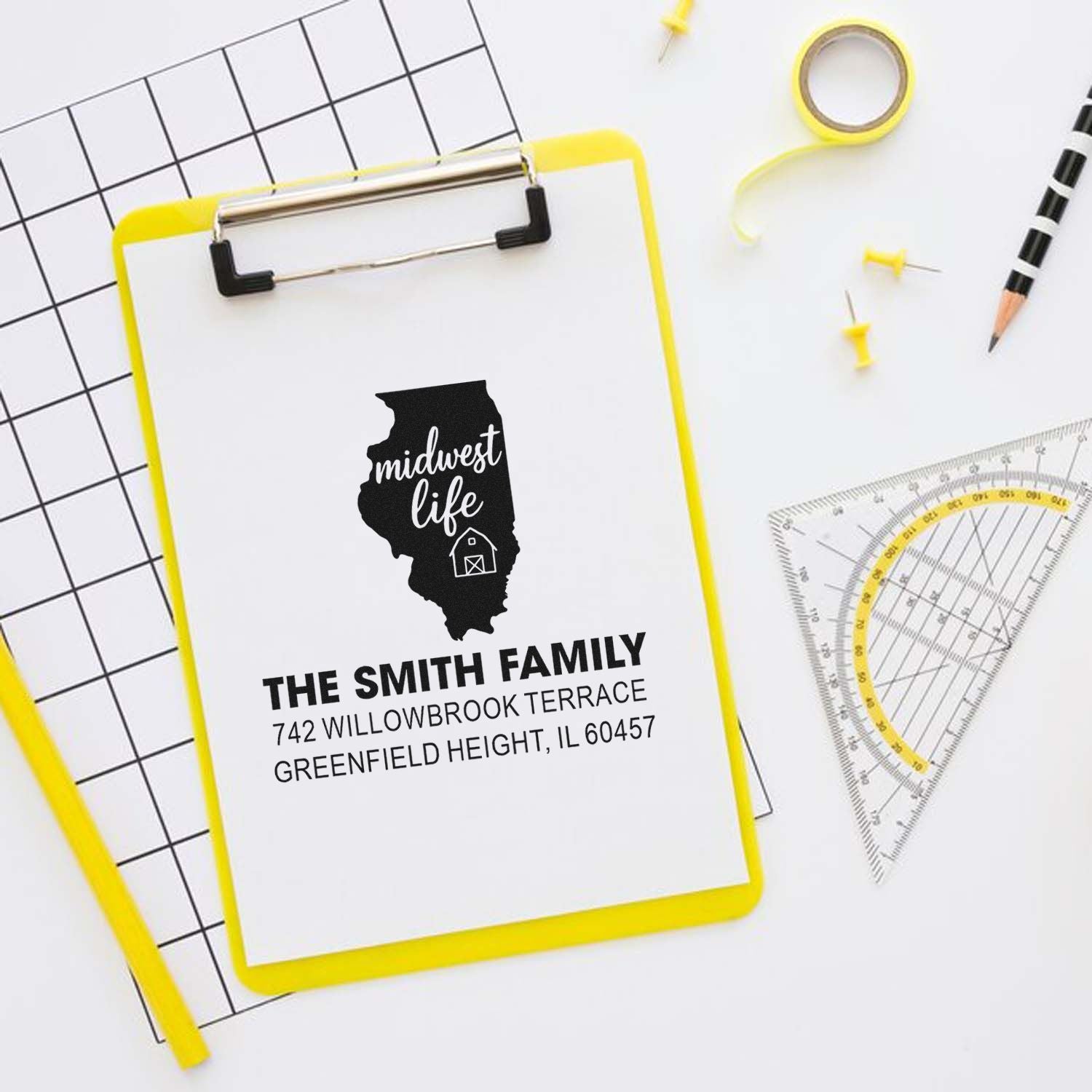 Custom family address rubber stamp with Illinois return address design for envelopes, mail, and personalized stationery.