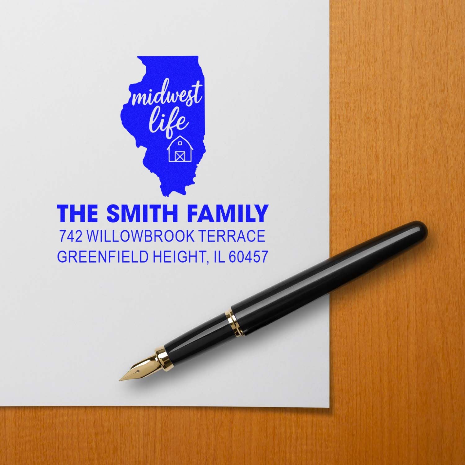 Custom return address rubber stamp with Illinois Midwest Life design for The Smith Family, Greenfield Height, IL.