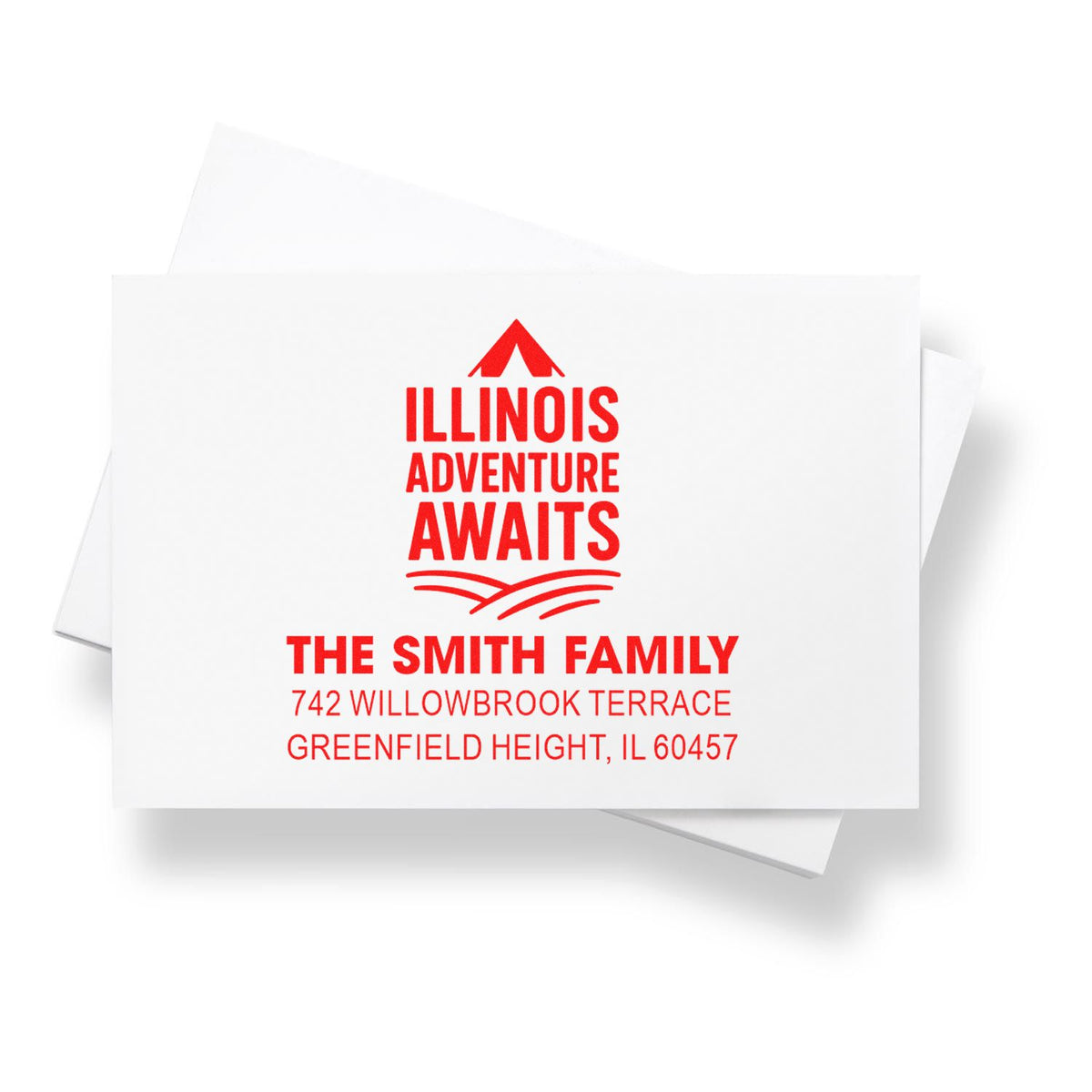 Custom return address rubber stamp for The Smith Family, featuring Illinois Adventure Awaits design and address.