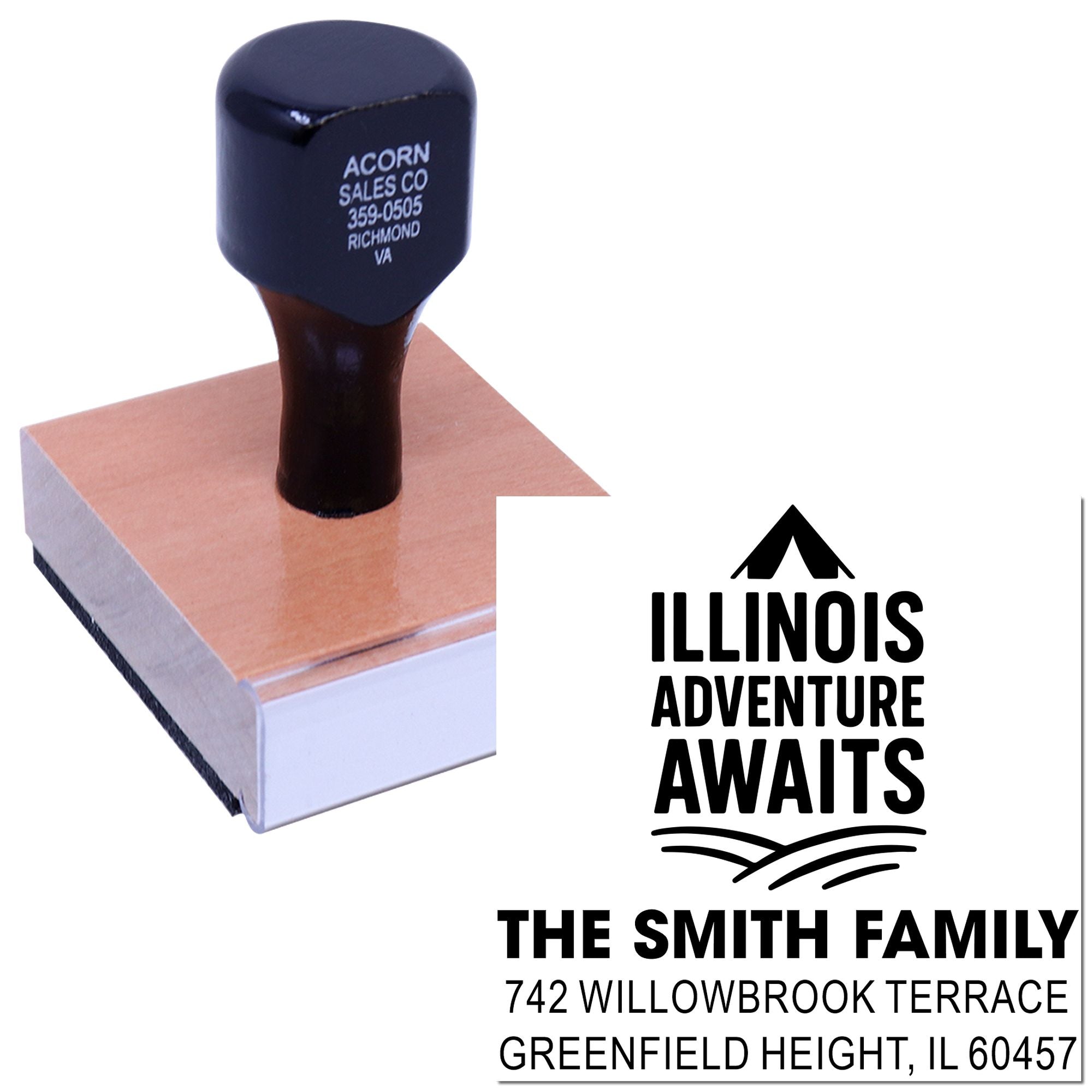 Custom personalized self-inking address rubber stamp for Illinois family, featuring Adventure Awaits and return address.