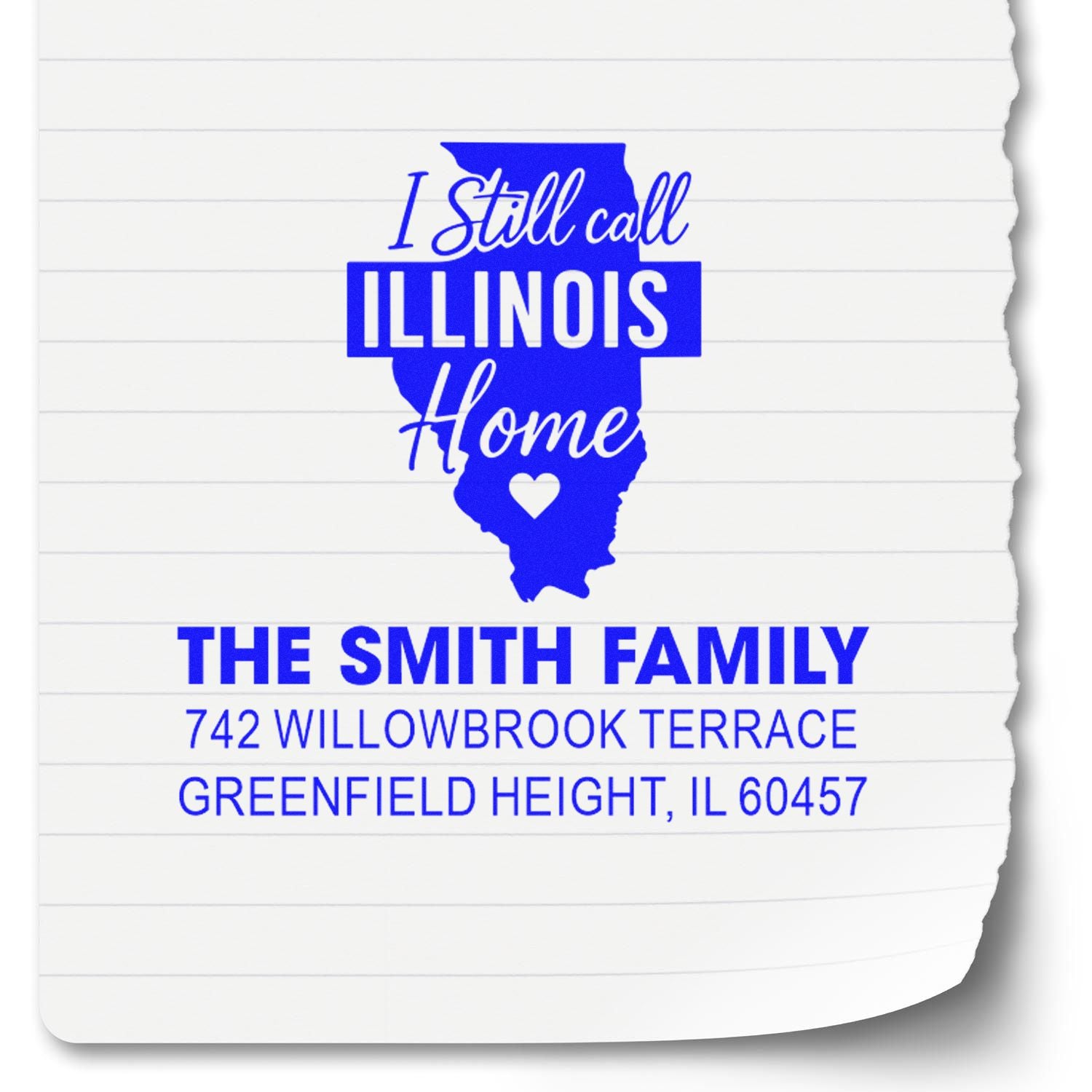 Personalized Illinois home return address rubber stamp for The Smith Family, with state outline and address.