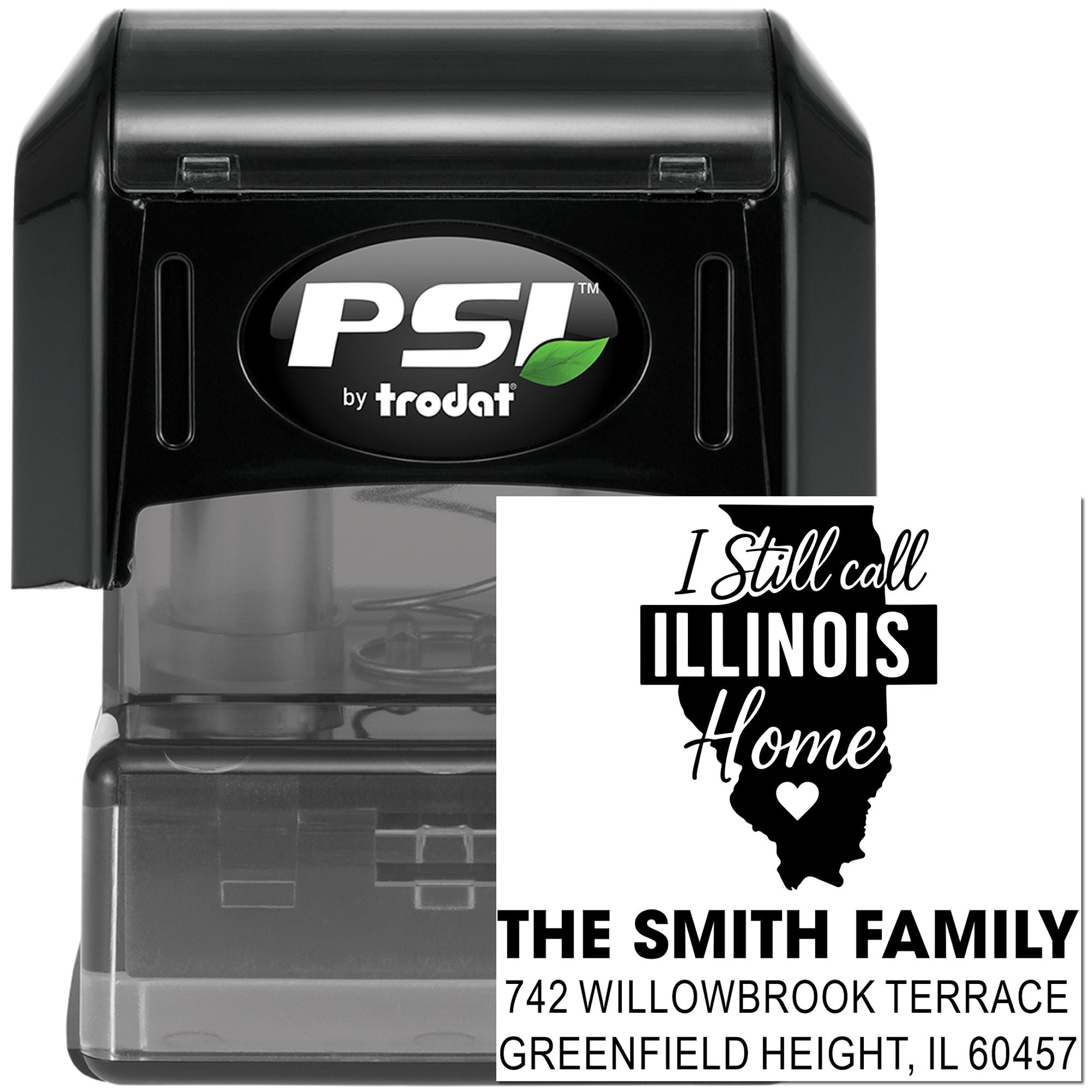 PSI by Trodat self-inking custom address rubber stamp featuring Illinois home design for personalized family mail