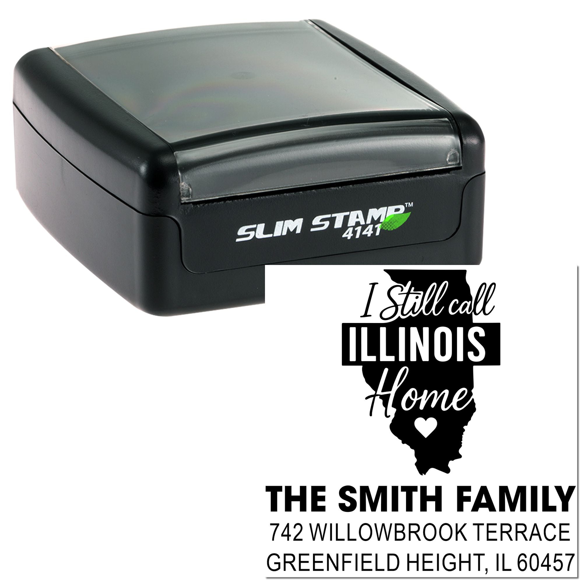 Custom address rubber stamp for Illinois families with I Still Call Illinois Home state pride design